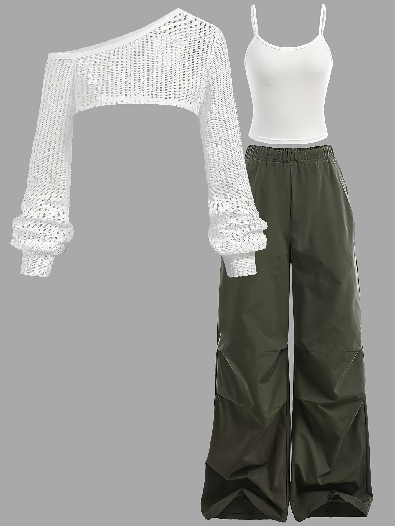 3pcs 's Streetwear Outfit Set - Oversized White Lace Sleeve Top, Solid Olive Green High-Waisted Cargo Pants & Round Neck Tank Top | Summer Casual to Semi-Formal Outfits | Machine Washable 3pcs Ensemble for Teen Girls & Young,
