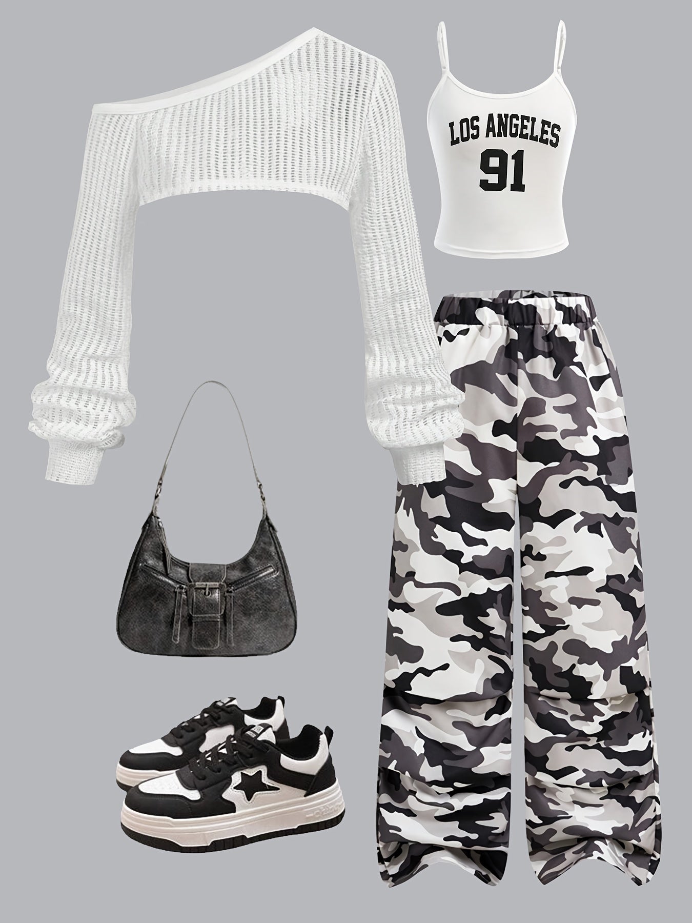 3pcs Y2K Streetwear Set for Teens - Asymmetrical Neck Long Sleeve Crop Top, Camo Print Vest & Cargo Pants - Casual Spring/Fall Outfit with Drop Shoulder Design, Regular Fit, No Chest Pad, Perfect for Casual Attire, Casual Att