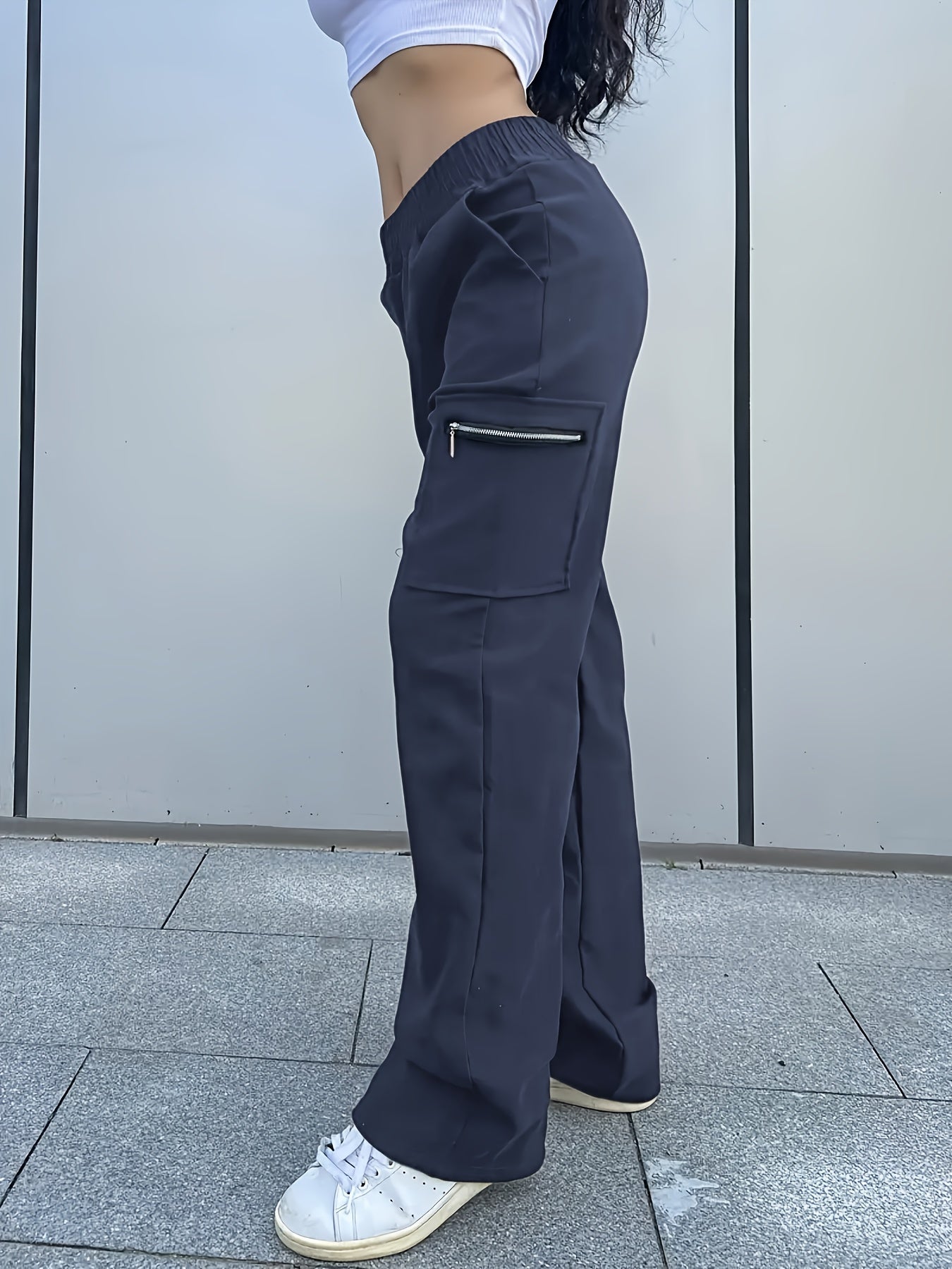 's and Girls' Straight-Leg Cargo Pants, Y2K Streetwear Casual Trousers with Large Zippered Pockets, Elastic Waistband, All-Season Polyester, Perfect for Outdoor Wear, Perfect for Outdoor