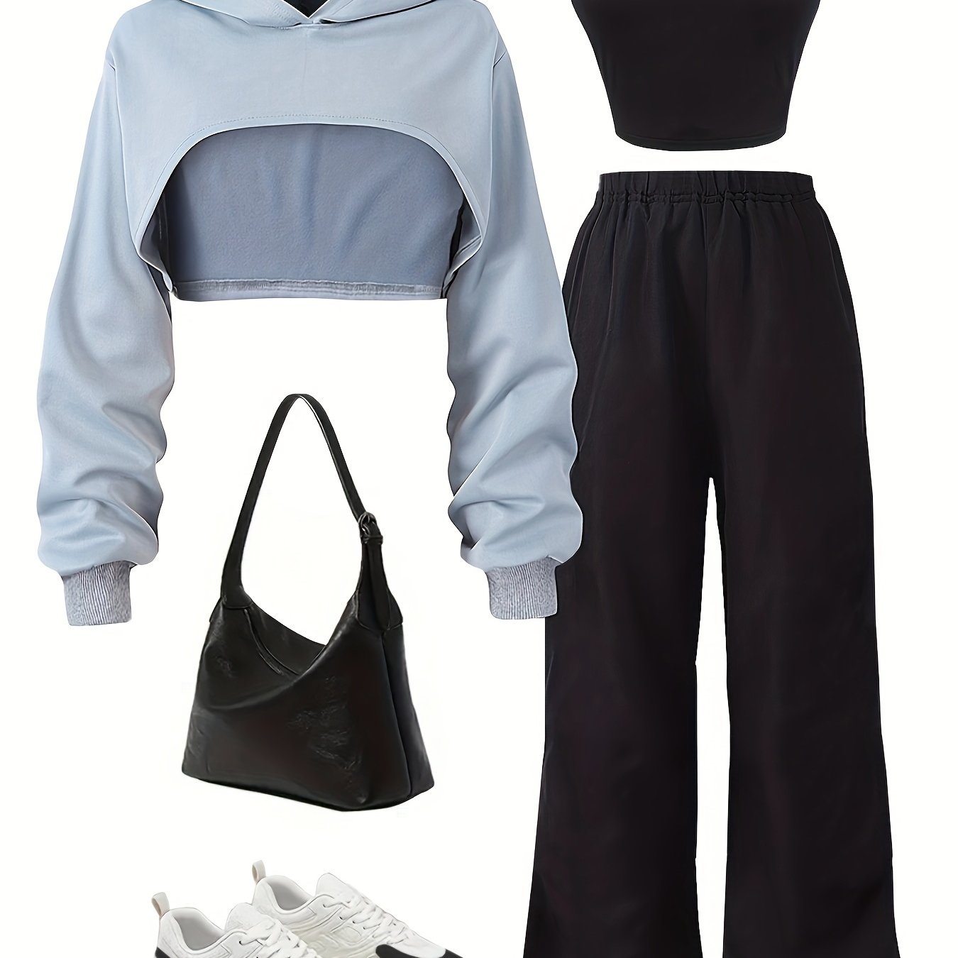 Fashion Irregular Cropped Hooded Sweatshirt with Camisole + Casual Pants Set, Perfect for Outdoor