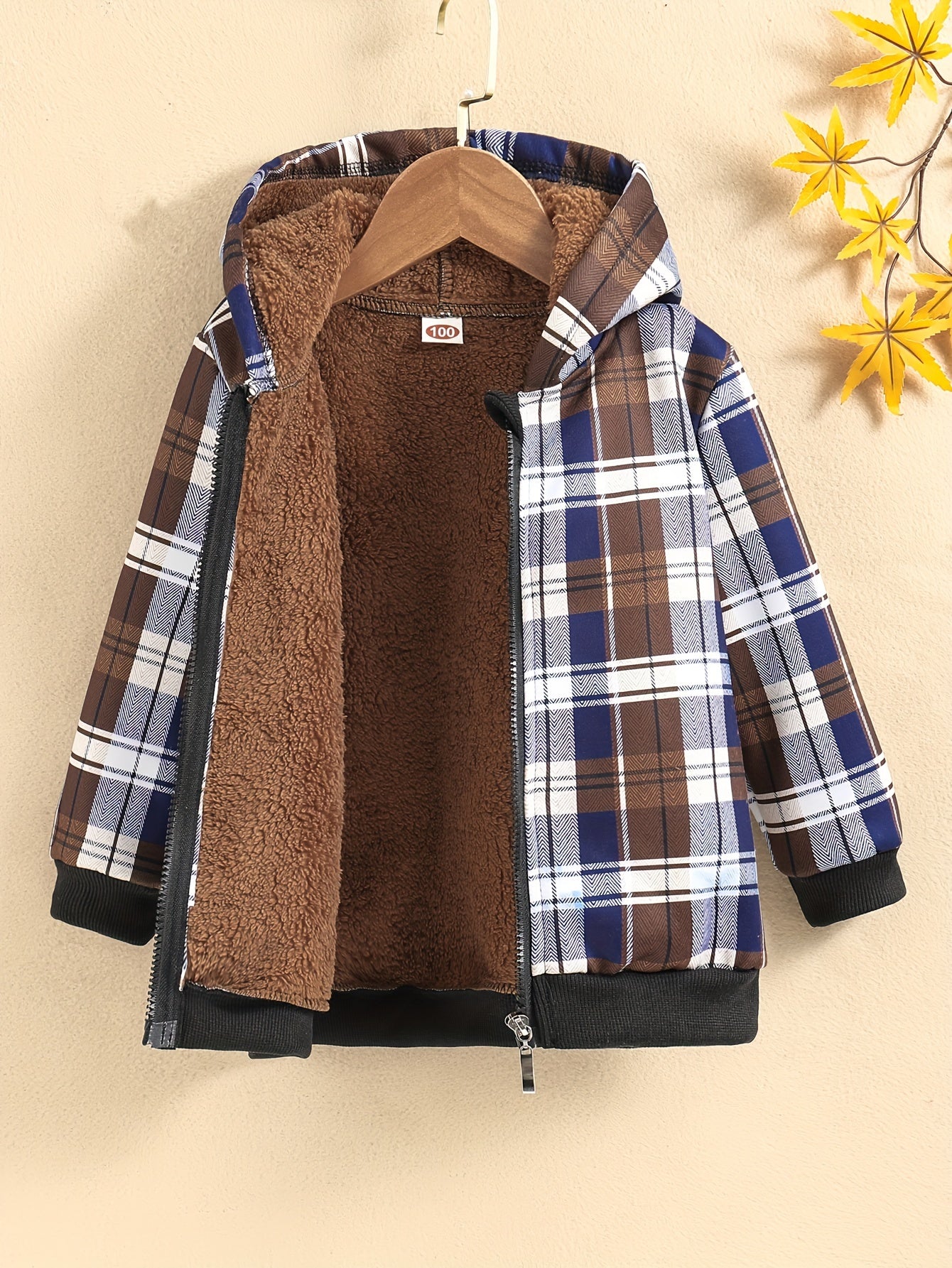 Boys' Casual Long Sleeve Zip-Up Hooded Jacket with Plaid Print - Warm Fleece-Lined Coat, Regular Fit, Brown & Checkered Design, Perfect for Fall/Winter Outdoor