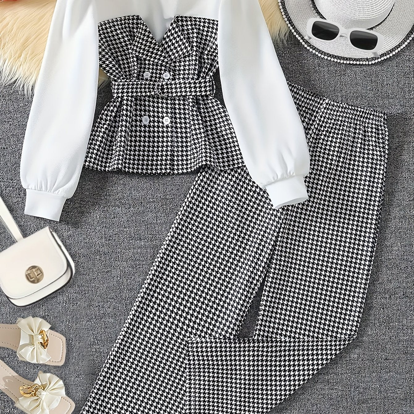 High-Scoring Girl's Outfit: Pure White Houndstooth Pattern Top with Belt Accent + Matching Straight-Hem Printed Trousers, Comfortable Soft Fabric Fit for Fall/Winter Essential Gift Set