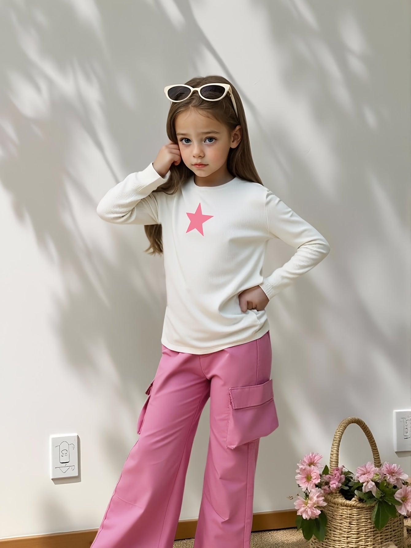 Girls' Spring and Autumn Slim Ribbed Long-Sleeve Top with Cargo Wide-Leg Pants Set, Fashionable Elegant Outfit Showcasing Child's Generous Sunny Coolness (Accessories Not Included), Perfect for