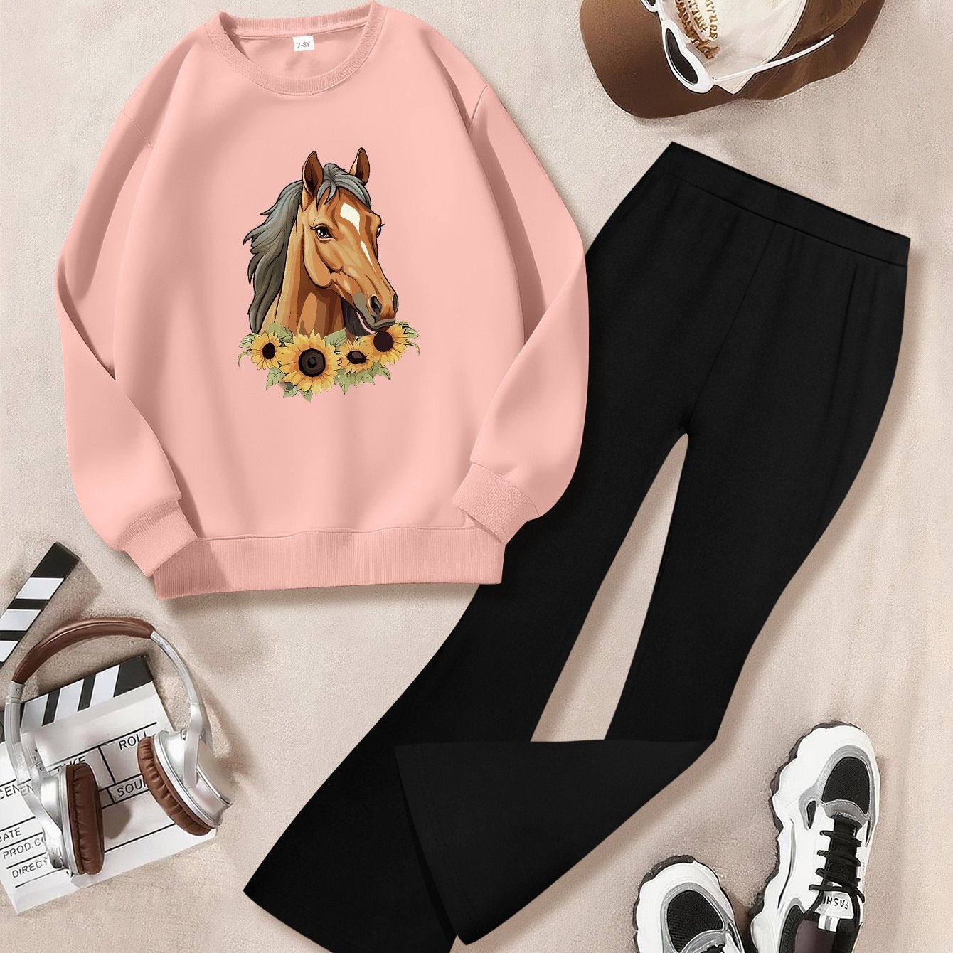 Girl's Fashionable Set With Horse And Sunflowers Graphic Printed Long Sleeve Crew Neck Sweatshirt & Knitted Bell-bottom Pants, Girl's Autumn And Winter Set, Ideal For Daily And Outdoor Wear
