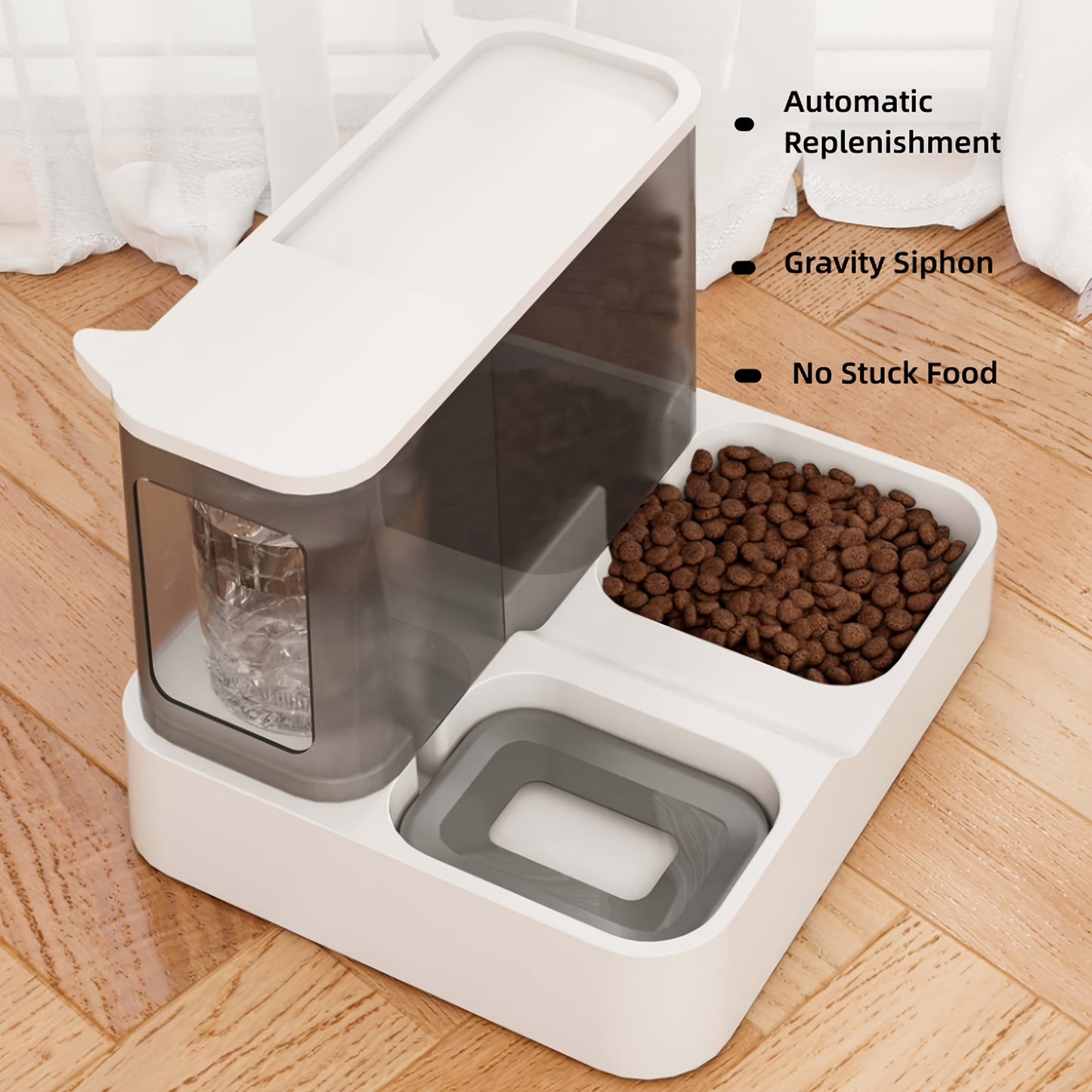 2-in-1 Automatic Pet Food Feeder Without Battery And Water Bottle, Gravity Design For Cats And Small Dogs (Grey)