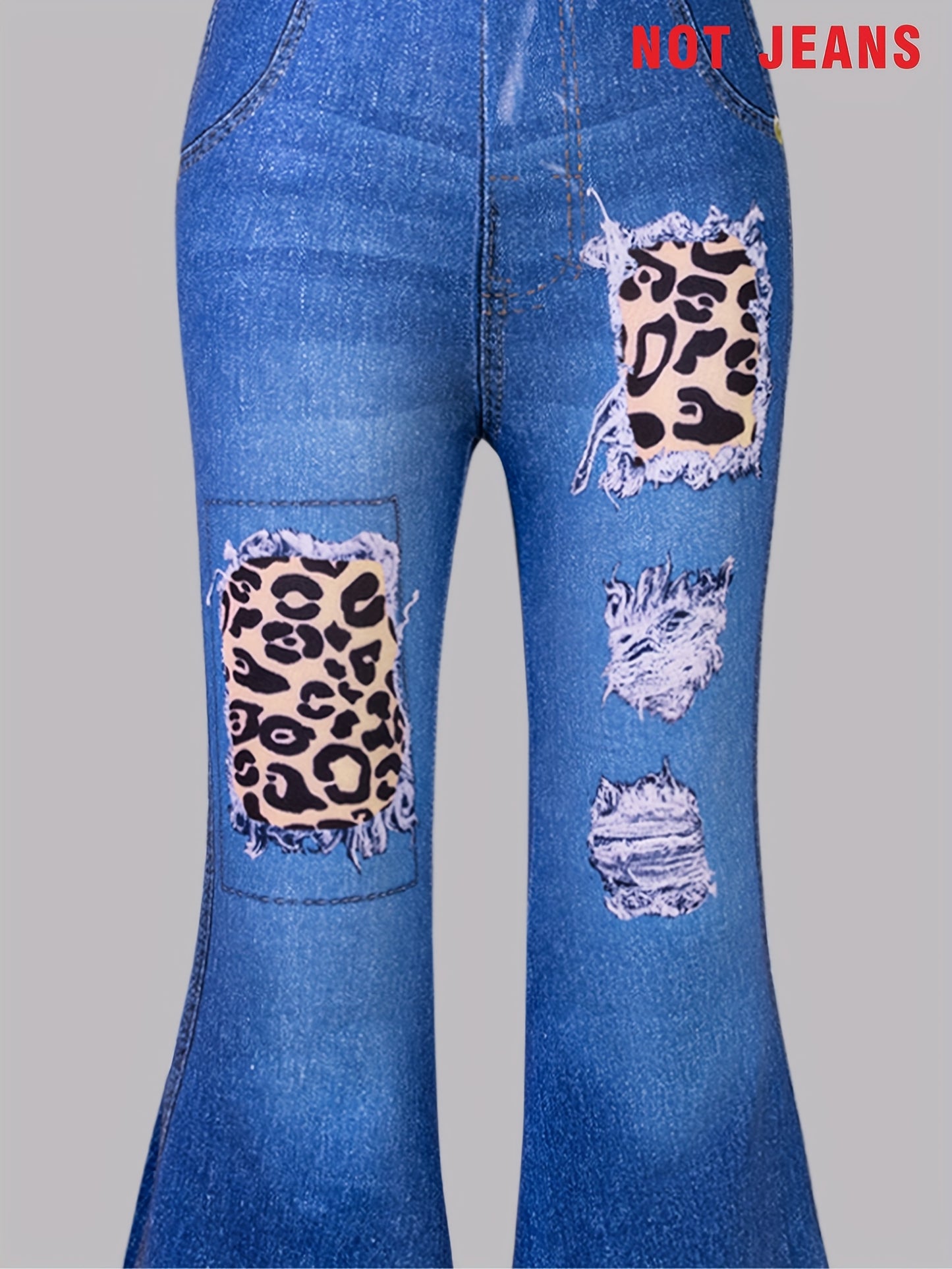 3-Pack Girls' Faux Denim Printed Ripped Leopard Print Flared Pants - Stretchy Elastic Waistband, Soft Comfortable Casual Trousers with Faux Pockets, All-Season Wear for Parties, Carnivals & Casual Attire, Party Attire, Playfu