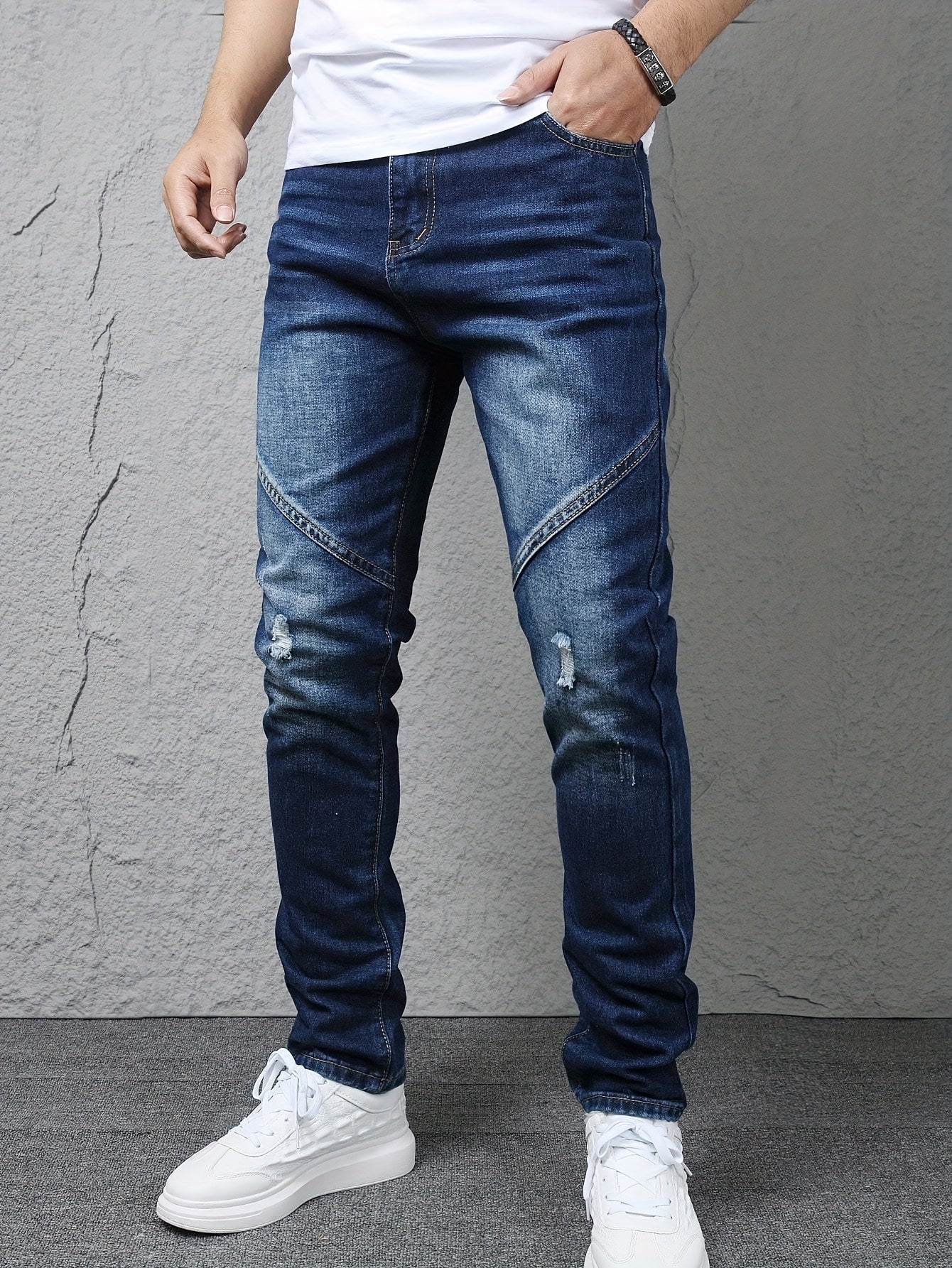 's & Teen Boys' Dark Blue Distressed Ripped Slim Straight Leg Jeans - Heavyweight 100% Denim, Mid-Rise Inverted Zipper Closure, Machine Washable Casual Pants for Casual Attire & Layering (All-Season) - Youthful Vintage Style
