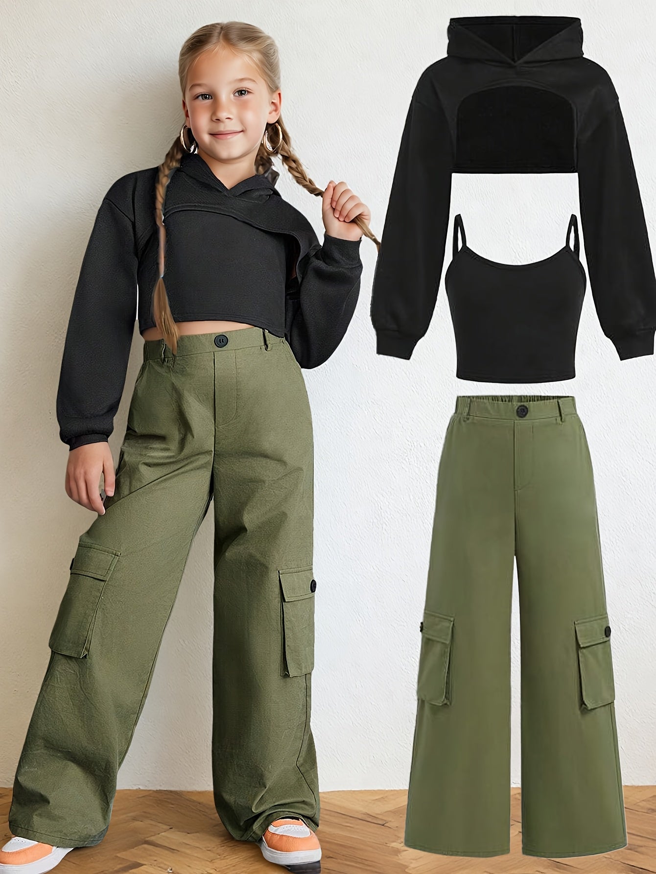Girls' Clothing: Teenage Girls' Casual Streetwear Set - Hooded Crop Top + Tank Vest + Cargo Pants 3pcs Outfit, Girls' Fashionable Workwear Pants Suit, Girls' Casual Fashion Short Hoodie Set, Suitable for Spring, Autumn, and W
