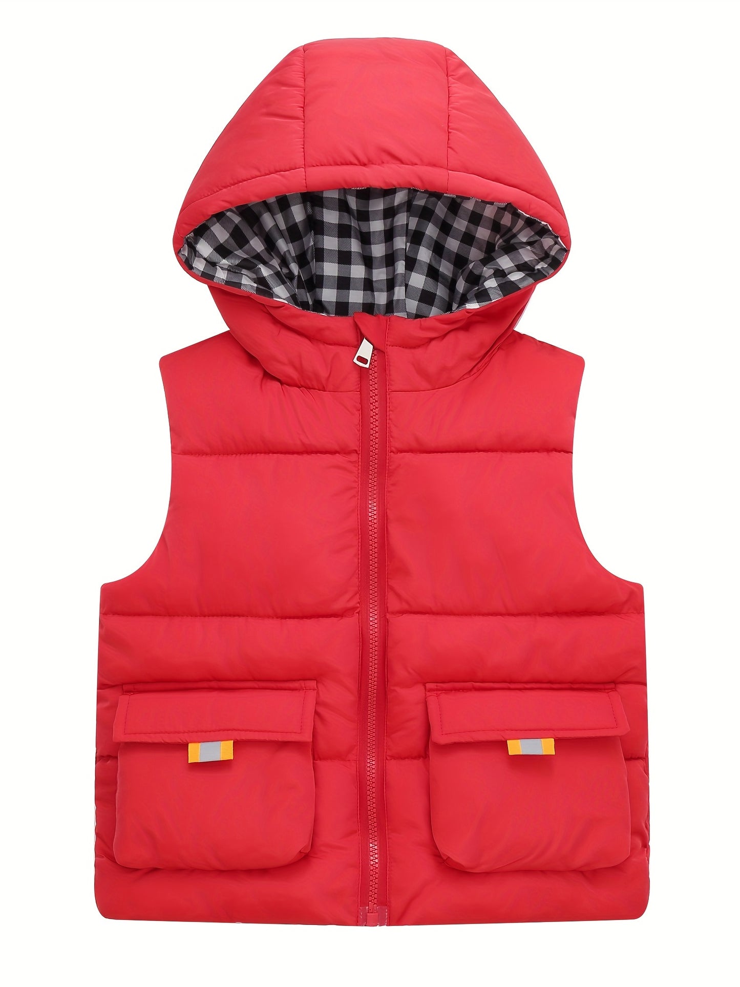 Youth Red Hooded Vest with Large Pockets - Warm Loose Fit Casual Jacket for Fall/Winter, Polyester Filled, Adjustable Hood, Perfect for Outdoor Play, Winter Clothing, Playful Design, Durable Fabric