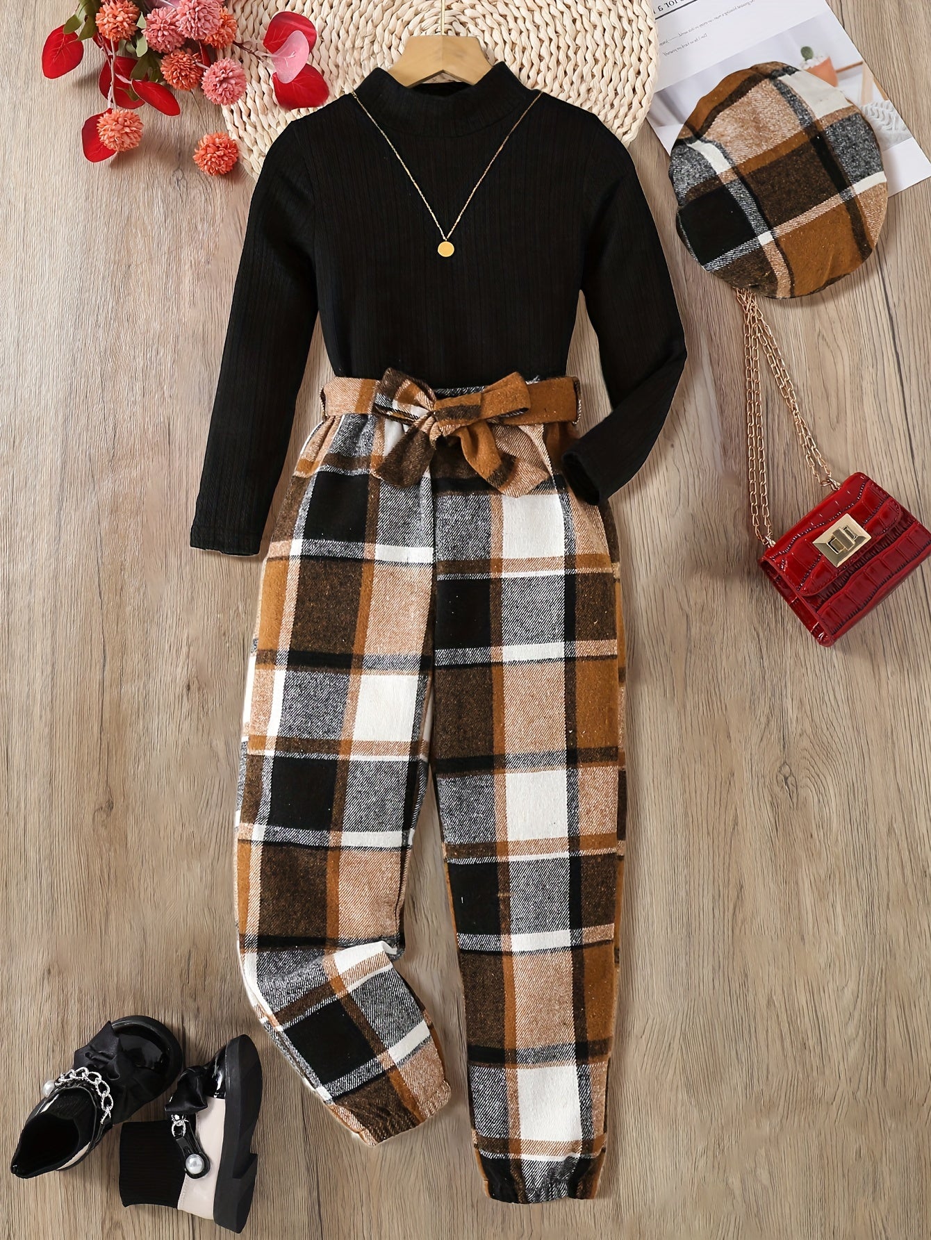 3pcs Girls' Spring/Autumn Casual Fashion Outfit - Solid Color Ribbed Crew Neck Long Sleeve Top, Two-Tone Plaid Pattern Elastic Waist Slimming Pants, Matching Hat, Comfortable Soft Versatile Streetwear for Youngsters and Teens