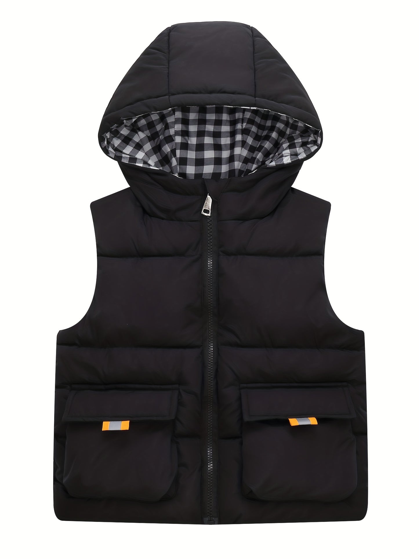 Youth Red Hooded Vest with Large Pockets - Warm Loose Fit Casual Jacket for Fall/Winter, Polyester Filled, Adjustable Hood, Perfect for Outdoor Play, Winter Clothing, Playful Design, Durable Fabric