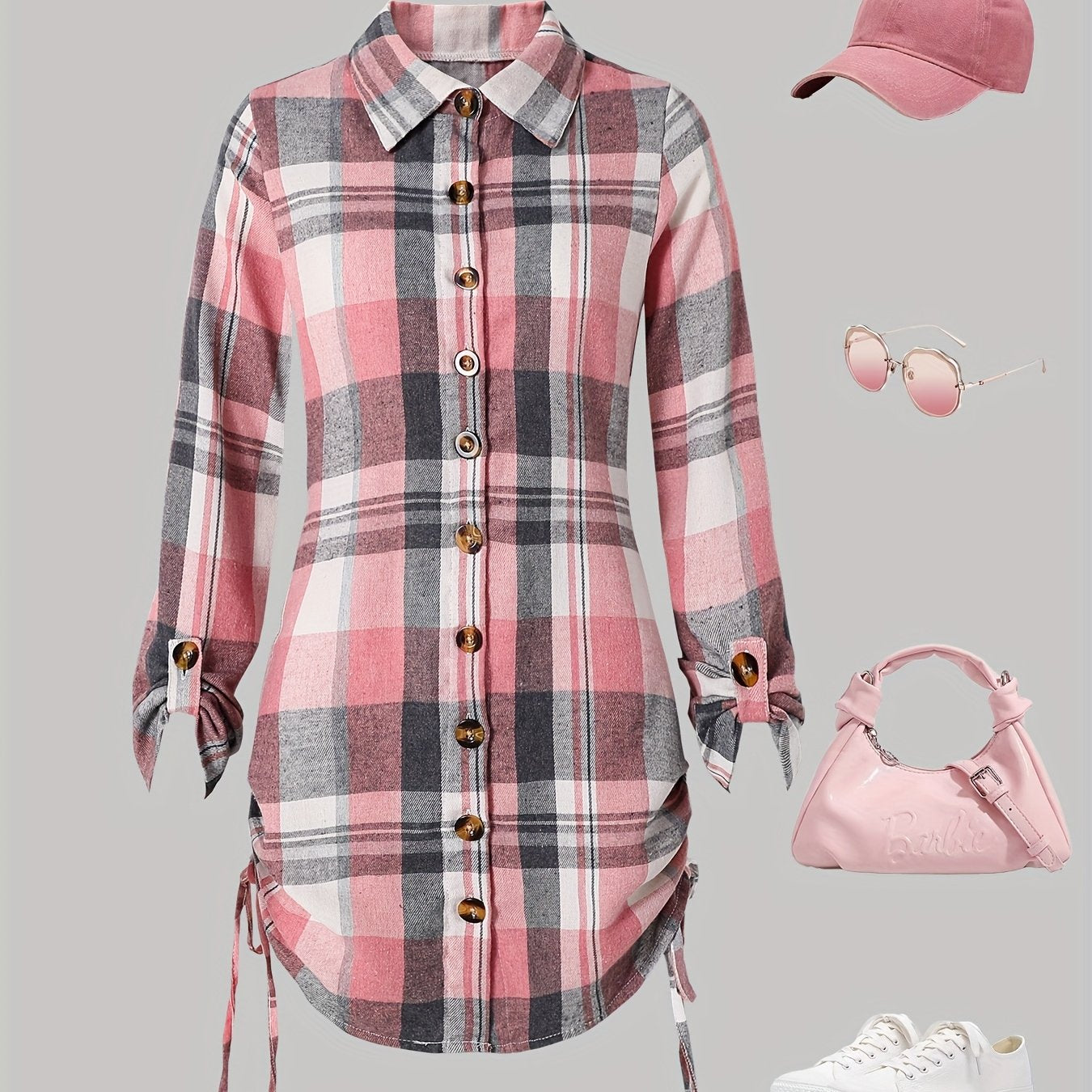 Teen Girls 13-16 Years Plaid Dress - Pink & Grey Tartan Button-Front Midi Length Long Sleeve Dress for Scottish Dance, Casual Outfits & Casual Attire, for Teenager, Dresses For Teenage Girls With Sleeves, Teen Clothes Girls D
