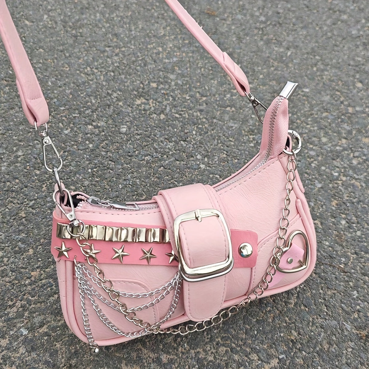 Y2K Style Small Shoulder Bag with Magnetic Closure, PU Material, Polyester Lining, Chain Strap, Punk-Inspired Design, Pastel Pink Color