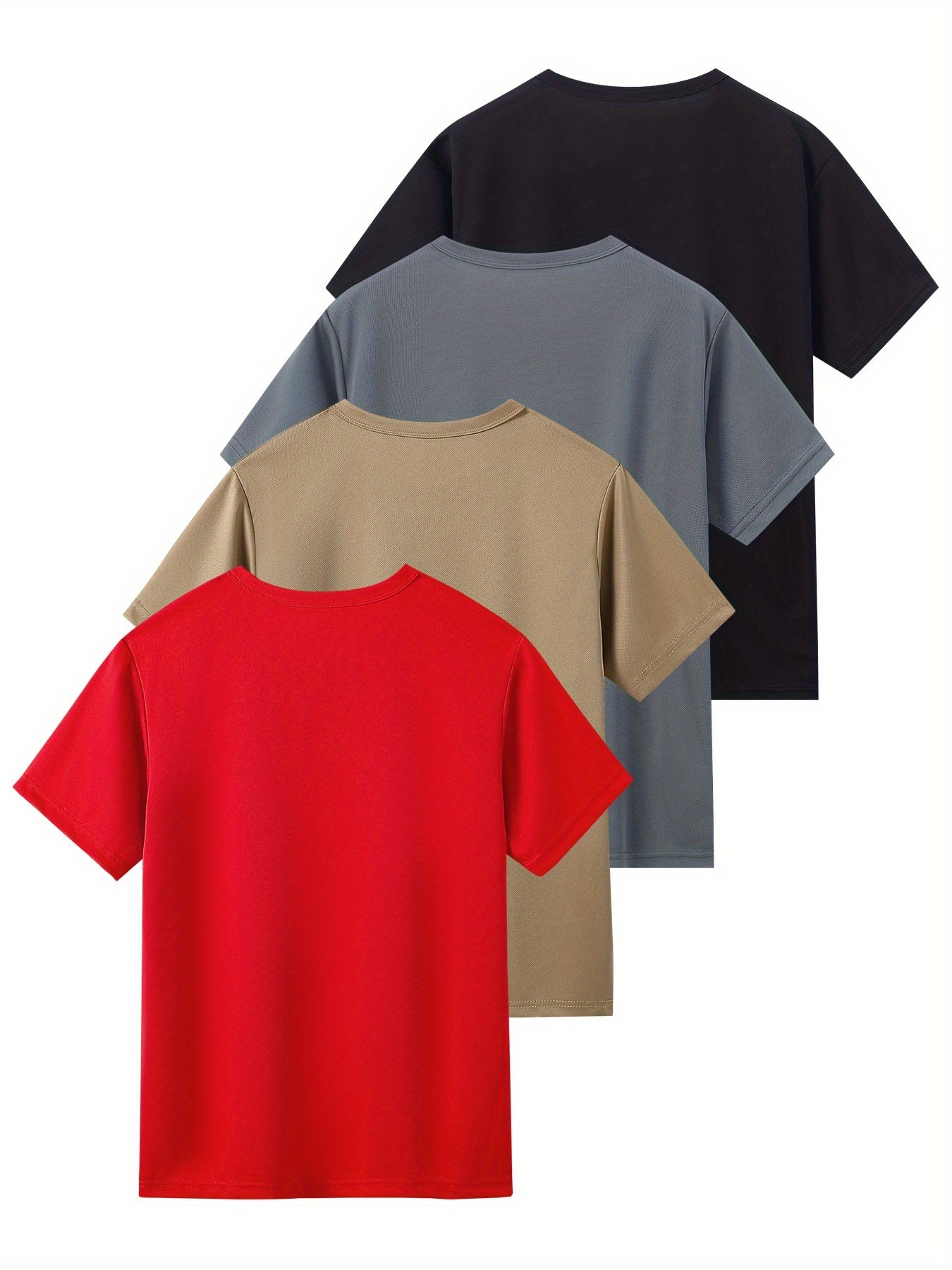 4pcs Youth Boys' Short Sleeve Summer Mesh Quick-Dry Casual Sports T-Shirts in Solid Black, Grey, Red, and Khaki for Versatile Casual Attire Outdoor Running Tops Suitable for Ages 13+ Breathable Lightweight Multi-Piece Set