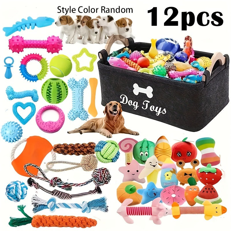 Pawsome Pals 6/12pcs Interactive Dog Toy Set - Durable Cartoon Pattern Fabric Chew Toys for All Breed Sizes - Teeth Cleaning & Training Play Set with Knot Toys, Squeakers & Balls