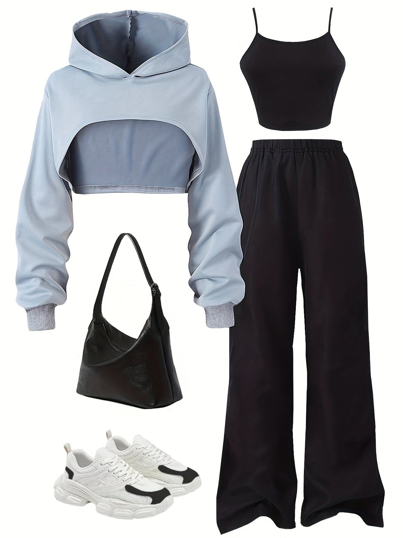 Fashion Irregular Cropped Hooded Sweatshirt with Camisole + Casual Pants Set, Perfect for Outdoor