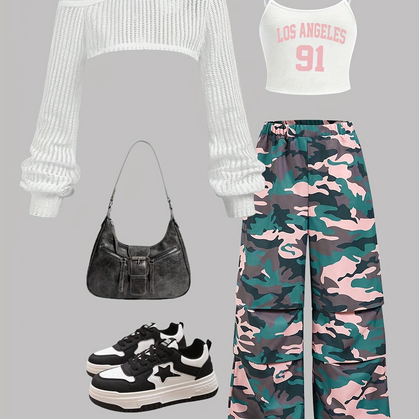 3pcs Y2K Streetwear Set for Teens - Asymmetrical Neck Long Sleeve Crop Top, Camo Print Vest & Cargo Pants - Casual Spring/Fall Outfit with Drop Shoulder Design, Regular Fit, No Chest Pad, Perfect for Casual Attire, Casual Att