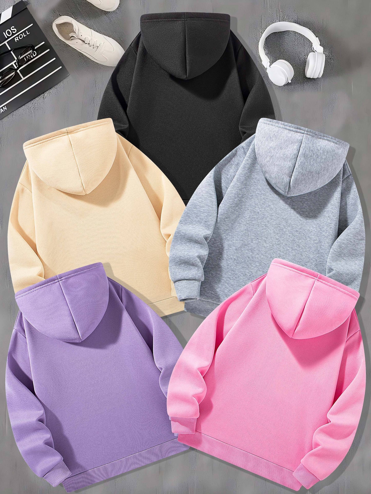 5-Pack Girls' Autumn Winter Fashion Casual Long Sleeve Hoodies with Hopeful Floral & Butterfly Print, Solid Color Hooded Sweatshirts with Applique Details, Regular Fit with Pockets for Fall/Winter - Perfect for Casual Attire,