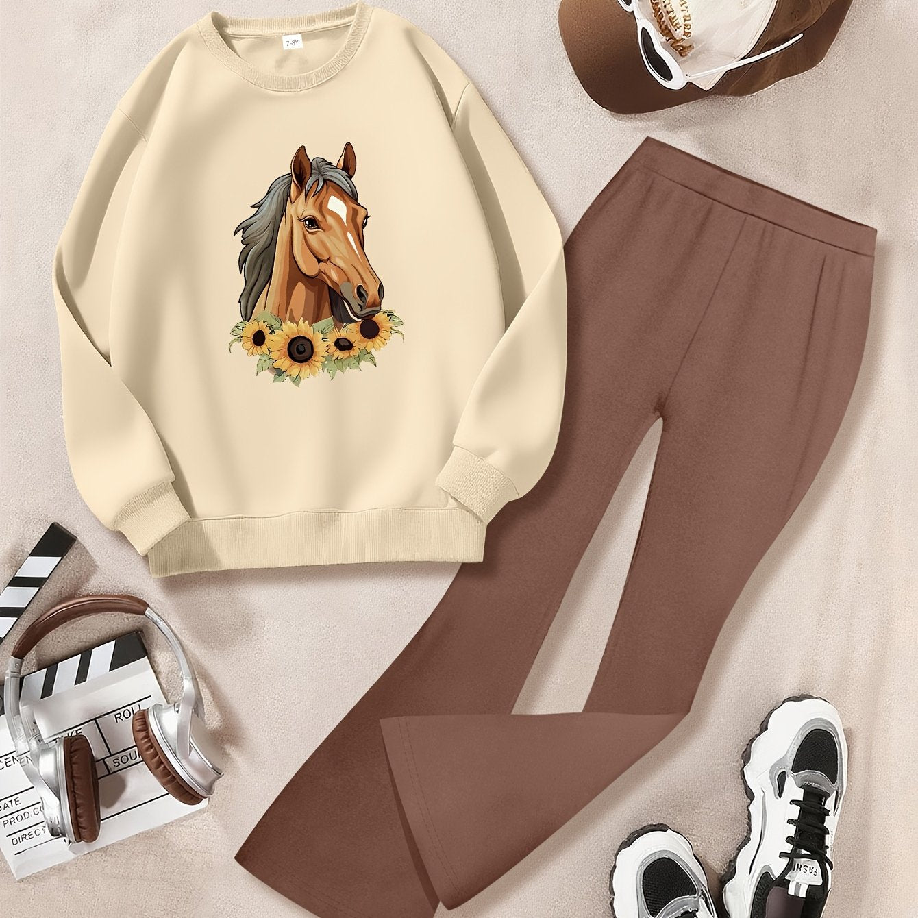 Girl's Fashionable Set With Horse And Sunflowers Graphic Printed Long Sleeve Crew Neck Sweatshirt & Knitted Bell-bottom Pants, Girl's Autumn And Winter Set, Ideal For Daily And Outdoor Wear