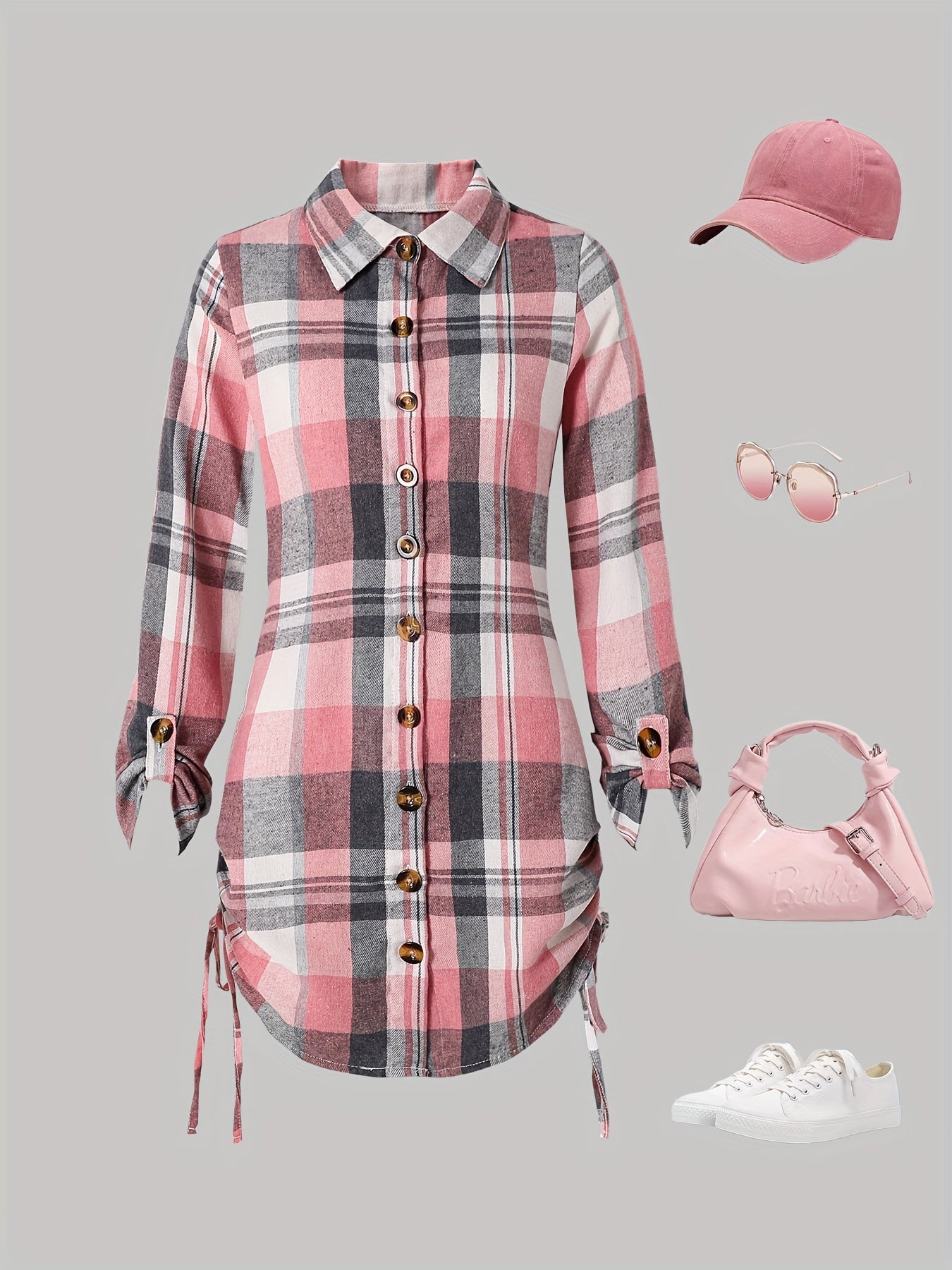 Teen Girls 13-16 Years Plaid Dress - Pink & Grey Tartan Button-Front Midi Length Long Sleeve Dress for Scottish Dance, Casual Outfits & Casual Attire, for Teenager, Dresses For Teenage Girls With Sleeves, Teen Clothes Girls D
