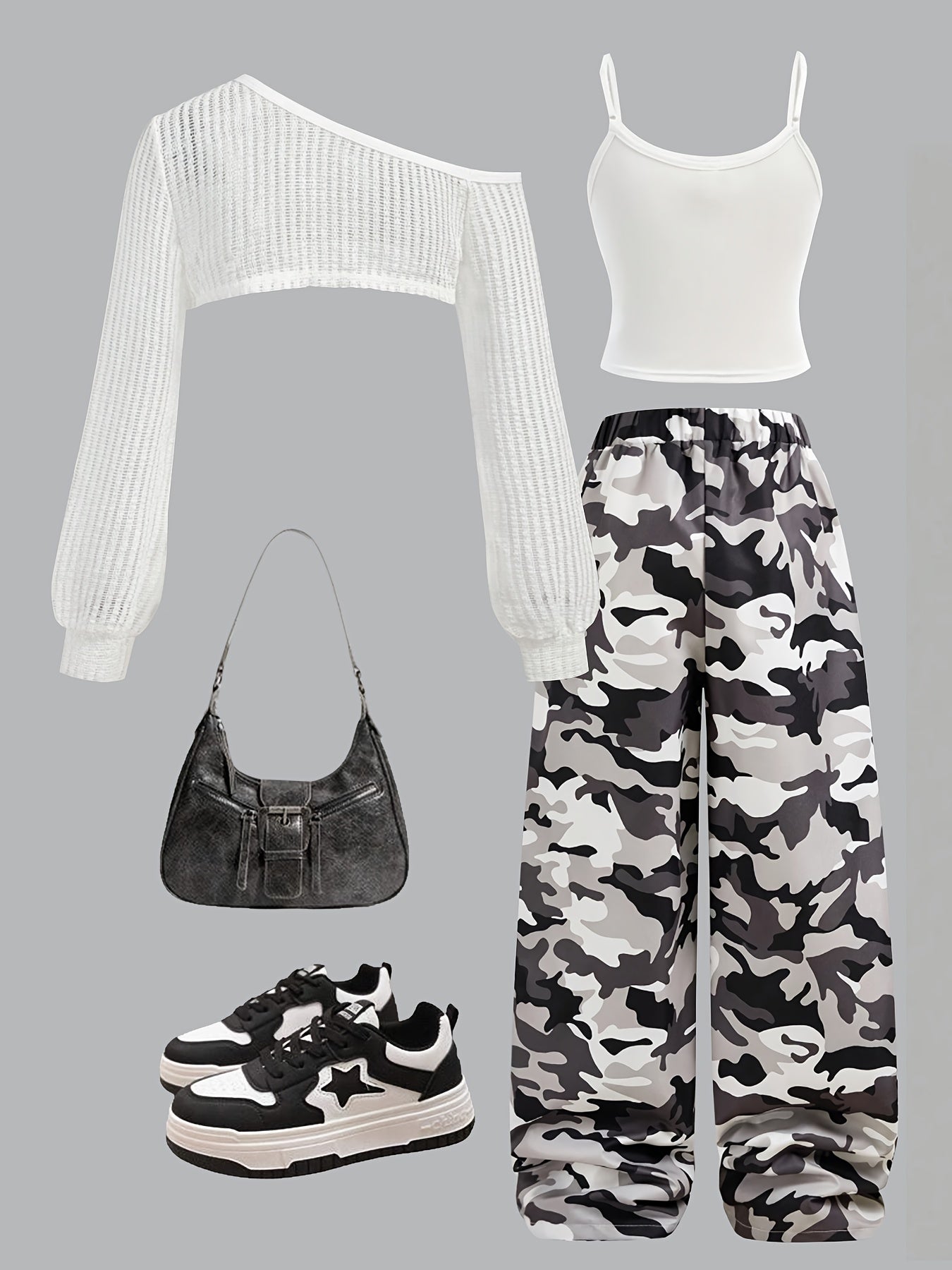 3pcs Y2K Streetwear Set for Teens - Asymmetrical Neck Long Sleeve Crop Top, Camo Print Vest & Cargo Pants - Casual Spring/Fall Outfit with Drop Shoulder Design, Regular Fit, No Chest Pad, Perfect for Casual Attire, Casual Att