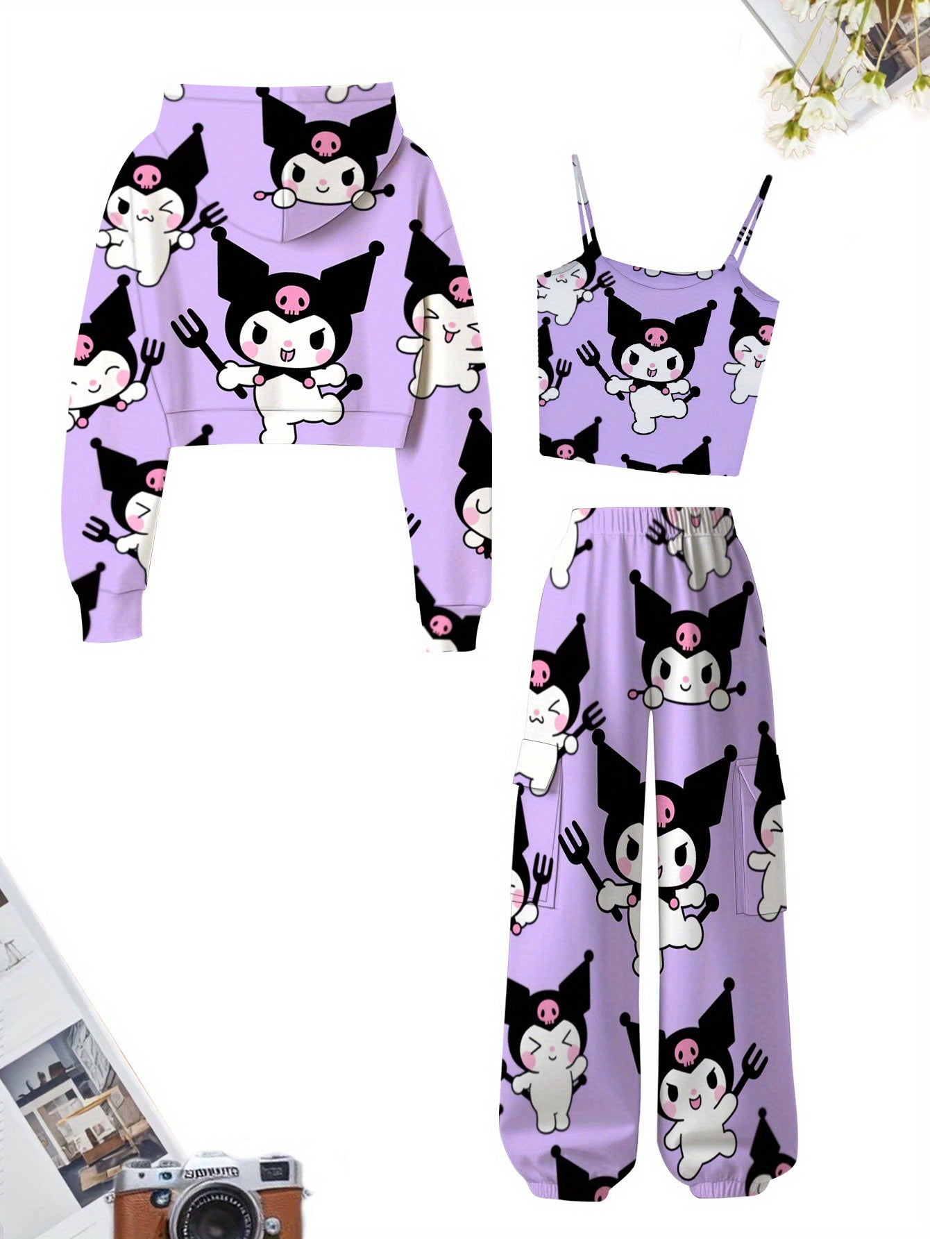 Three-Piece Set Sanrio Digital Fashion Fantasy Cute Holiday Spring and Autumn Winter Clothes Gift Trendy Cartoon Cat Sanrio Essential Fashion Hoodie with Suspender Vest and Trousers Three-Piece Set Random Print Outdoor Sports
