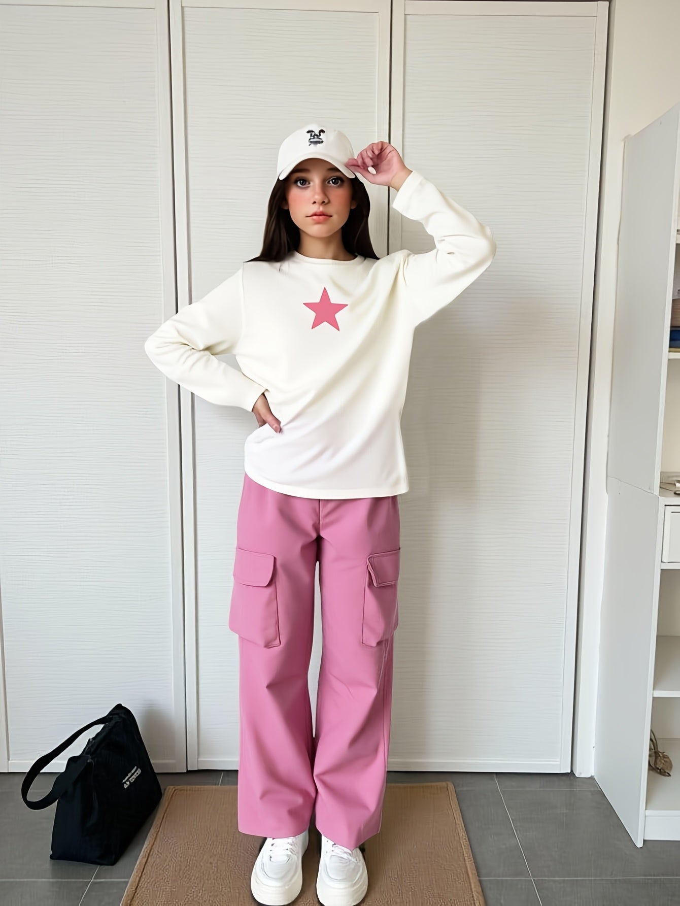Girls' Spring and Autumn Slim Ribbed Long-Sleeve Top with Cargo Wide-Leg Pants Set, Fashionable Elegant Outfit Showcasing Child's Generous Sunny Coolness (Accessories Not Included), Perfect for