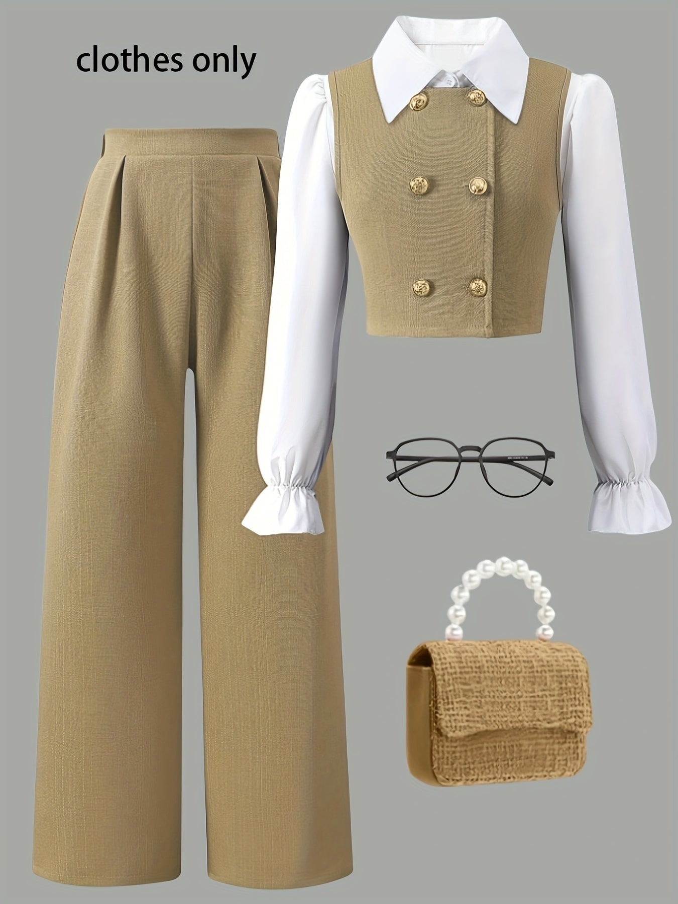 Spring and Summer Girls' Fashionable New Korean Style Button-Decorated Round Neck Sleeveless Vest + Exquisite Lapel Pleated Cuff Long Sleeve Top + Simple Versatile Pleated Pants Set for Casual Outings, Parties, Picnics, and G