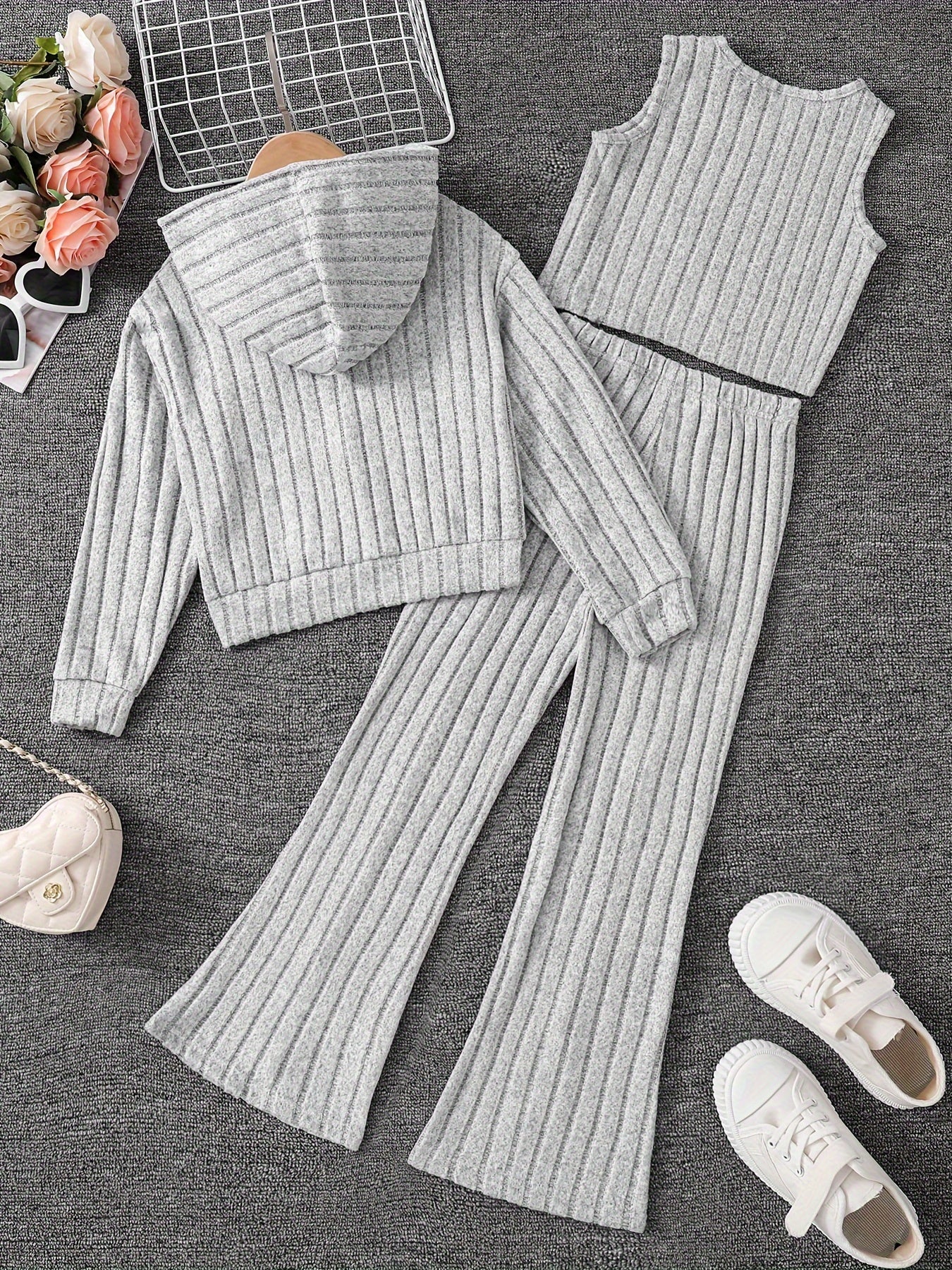 Girls' Clothes Spring, Autumn and Winter Girls' Coarse Fleece Zip-Up Hooded Cardigan + Vest + Slit Pants, 3pcs Set, Suitable for Back-to-School Season, Graduation Season, Dance Parties, Party Outfits, for Outdoor