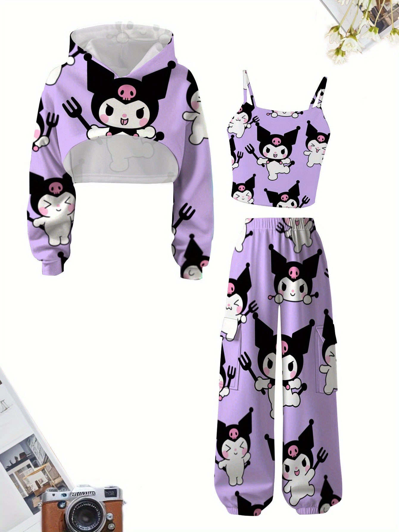 Three-Piece Set Sanrio Digital Fashion Fantasy Cute Holiday Spring and Autumn Winter Clothes Gift Trendy Cartoon Cat Sanrio Essential Fashion Hoodie with Suspender Vest and Trousers Three-Piece Set Random Print Outdoor Sports