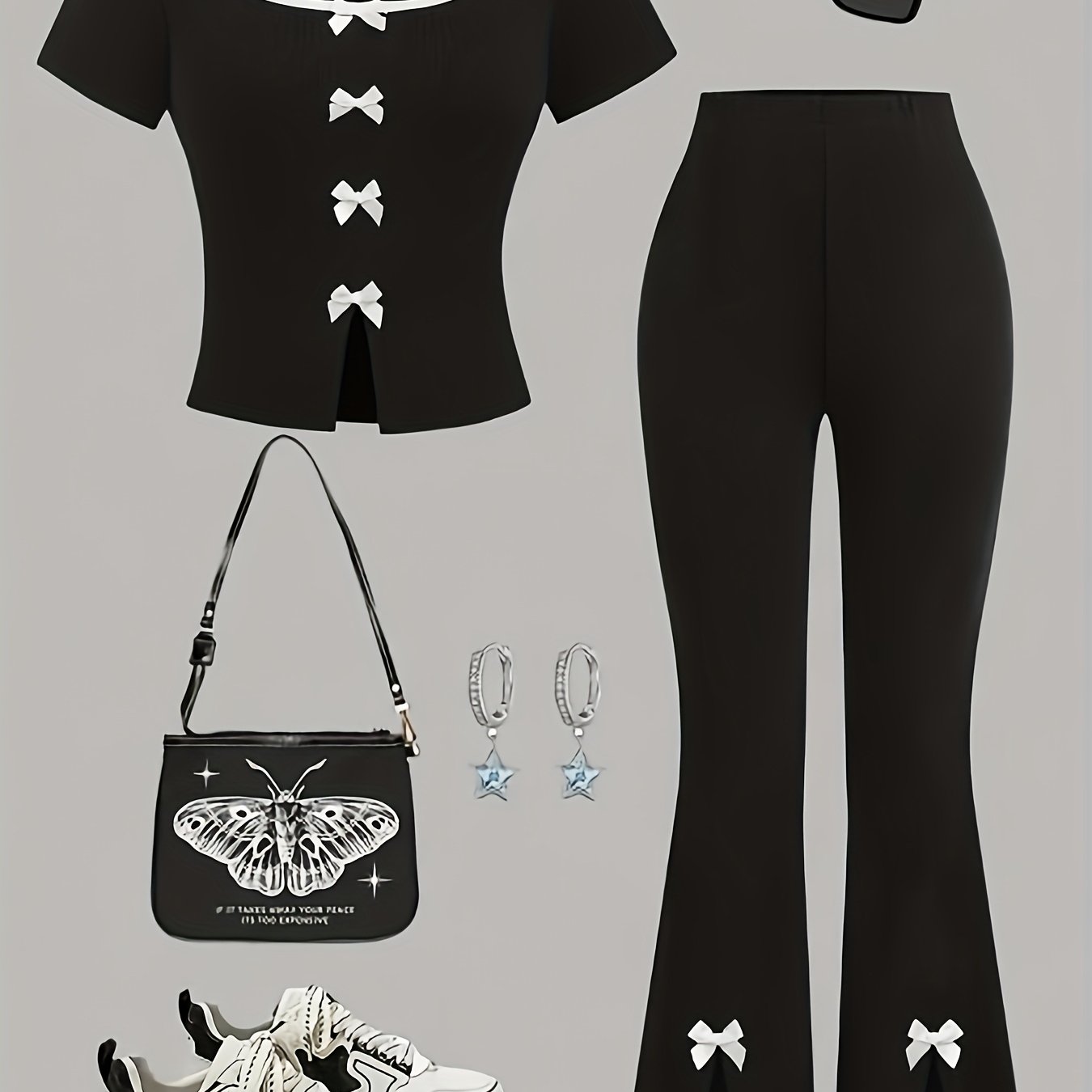 Spring and Autumn Girls' Comfortable Simple Fashion Black Short Sleeve Top with Black Bow Flare Pants Set, Suitable for Outdoor Leisure and Party Activities, Perfect for Outdoor