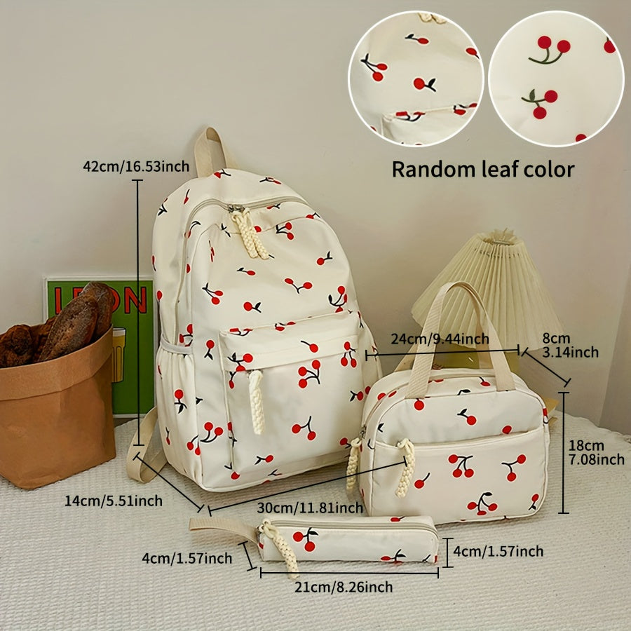 Three-Piece Set: Cherry Backpack, Handbag & Pencil Case - Cute Japanese-Inspired Large Capacity Lightweight School Bag for College Students, Random Print Design
