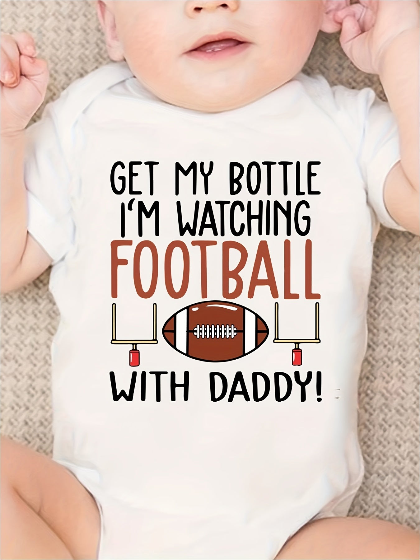 SHOWTLY Baby Romper "Get My Bottle I'm Watching Football with Daddy" Letter Print & Football Graphic - Soft Round Neck Short Sleeve, Machine Washable Spring/Summer Casual Outfit for Infants, Playful Sports-Themed Clothing, Co