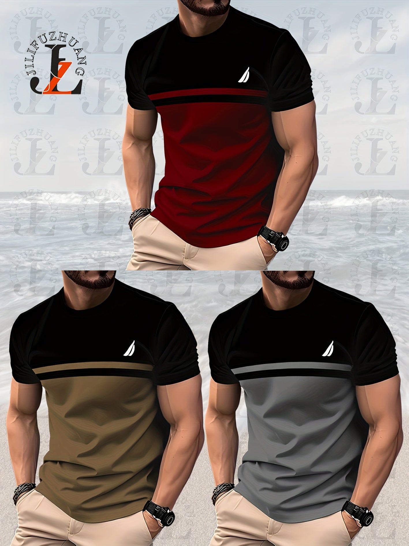 3pcs Color Block Striped Fashion 3D Digital Print Men's T-Shirt