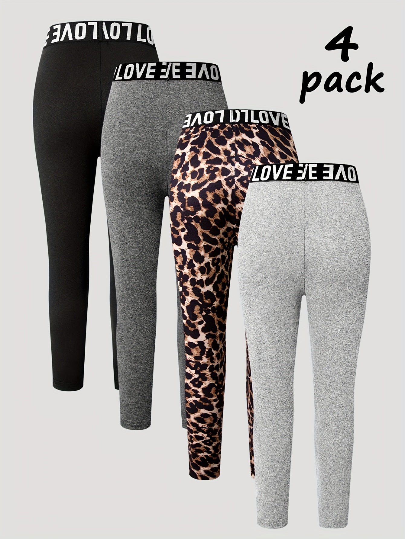 4-Pack Girls' Jogger Pants with Stretchy Elastic Waistband & Leopard Print - Soft Stretchy Comfortable Casual Leggings for Spring Summer Fall, Easter Carnival Party Gift, Jogging Pants, Seasonal Wear, Playful Print Design, Co