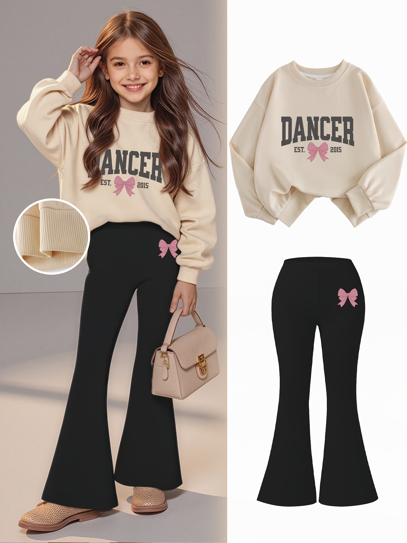 2pcs Girls' Fashion Sweatshirt + Flare Pants Style | Letter Bow Print | Urban Walking + Autumn + Fashion | Trendy Autumn Suit, Perfect for Outdoor