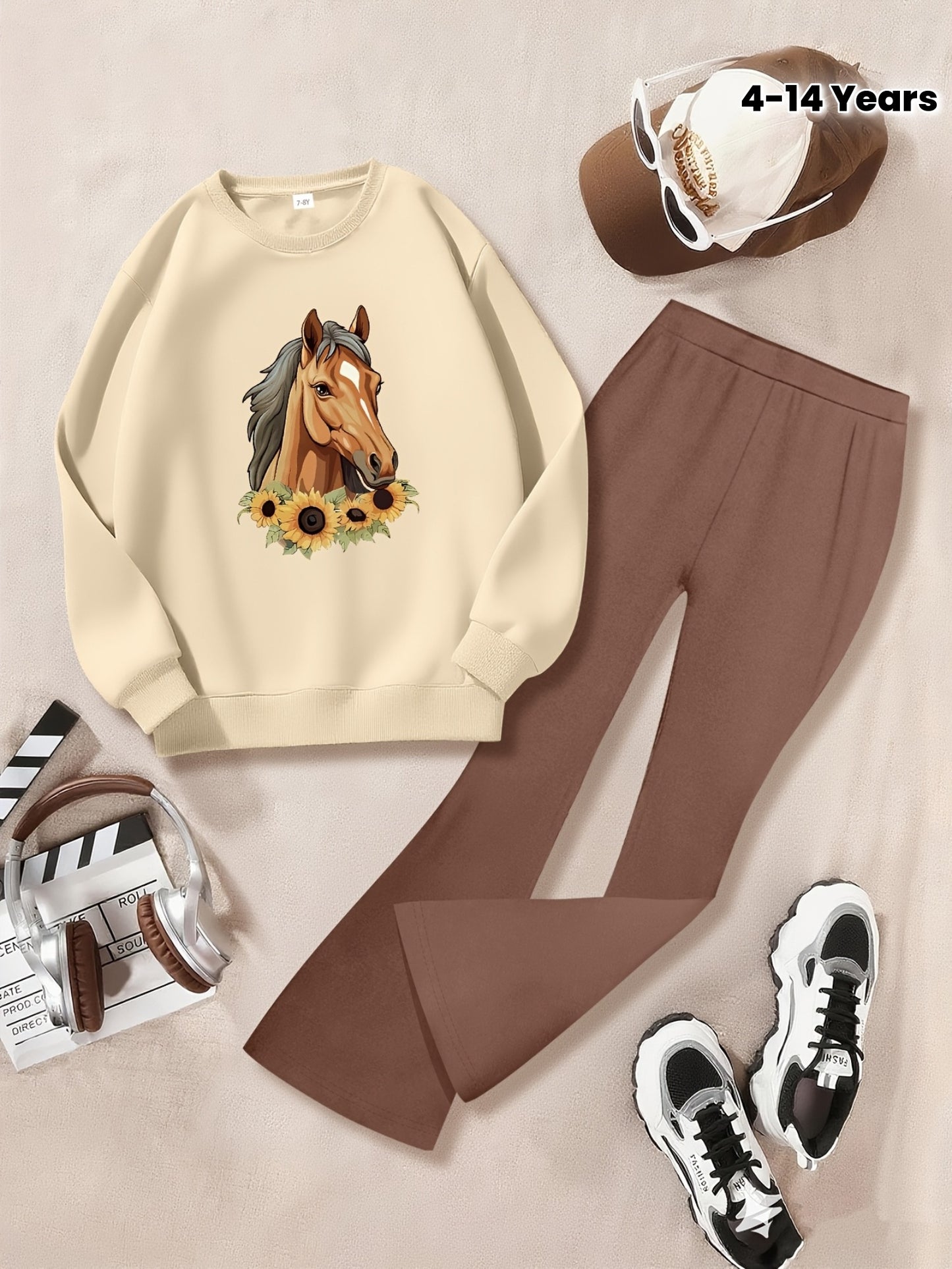 Girl's Fashionable Set With Horse And Sunflowers Graphic Printed Long Sleeve Crew Neck Sweatshirt & Knitted Bell-bottom Pants, Girl's Autumn And Winter Set, Ideal For Daily And Outdoor Wear