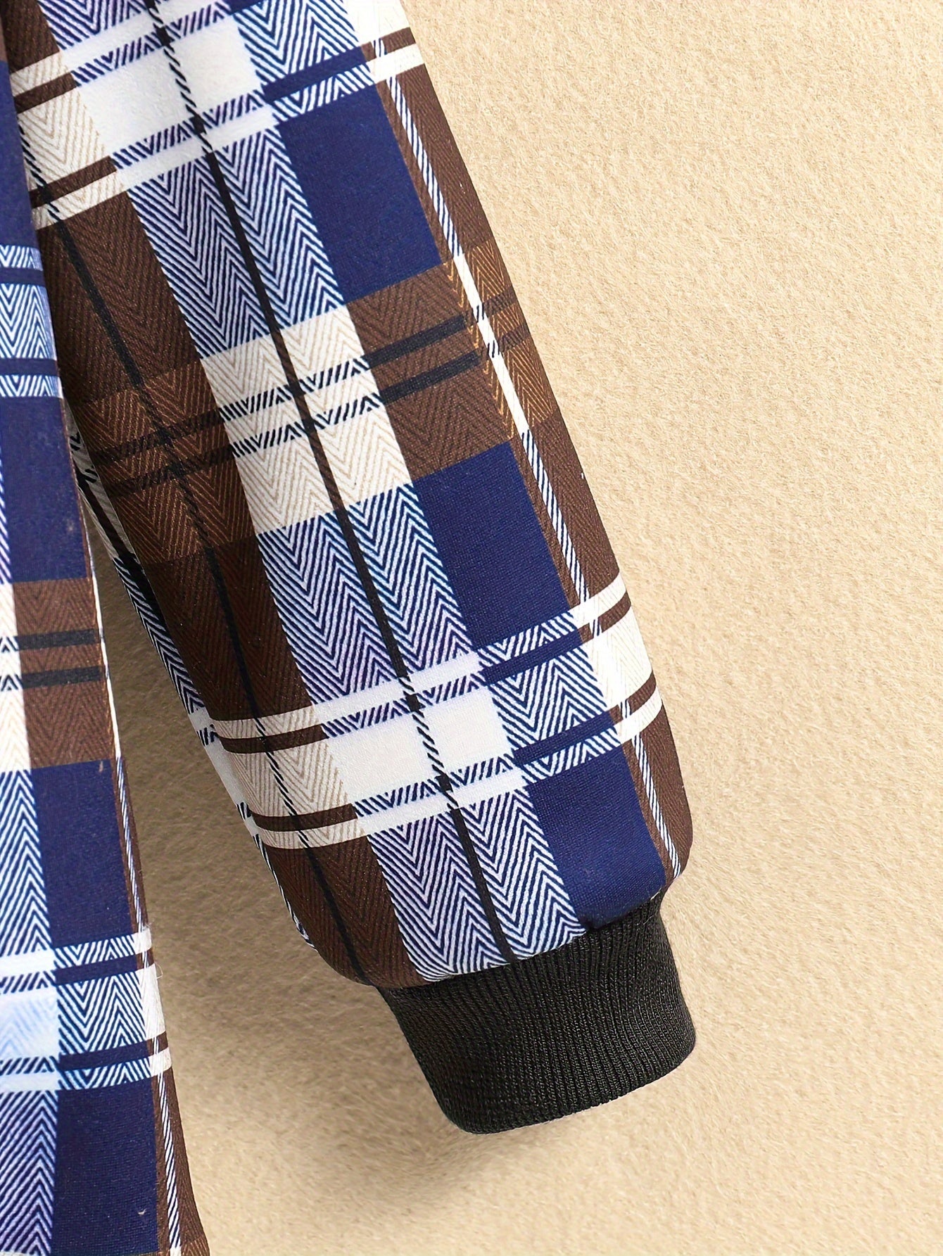 Boys' Casual Long Sleeve Zip-Up Hooded Jacket with Plaid Print - Warm Fleece-Lined Coat, Regular Fit, Brown & Checkered Design, Perfect for Fall/Winter Outdoor