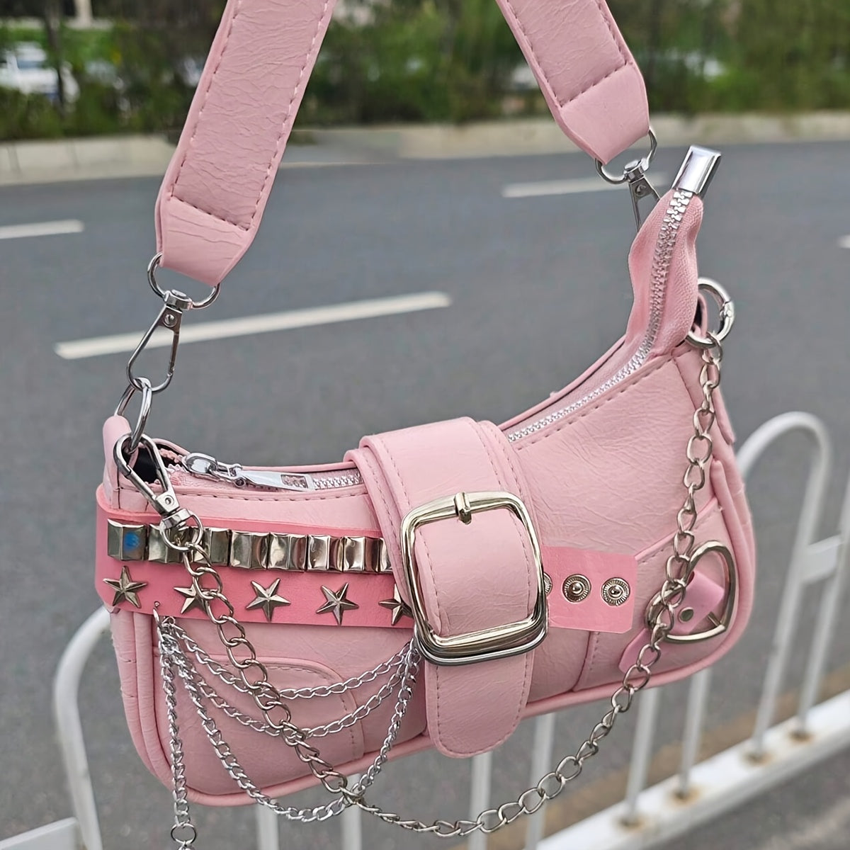 Y2K Style Small Shoulder Bag with Magnetic Closure, PU Material, Polyester Lining, Chain Strap, Punk-Inspired Design, Pastel Pink Color