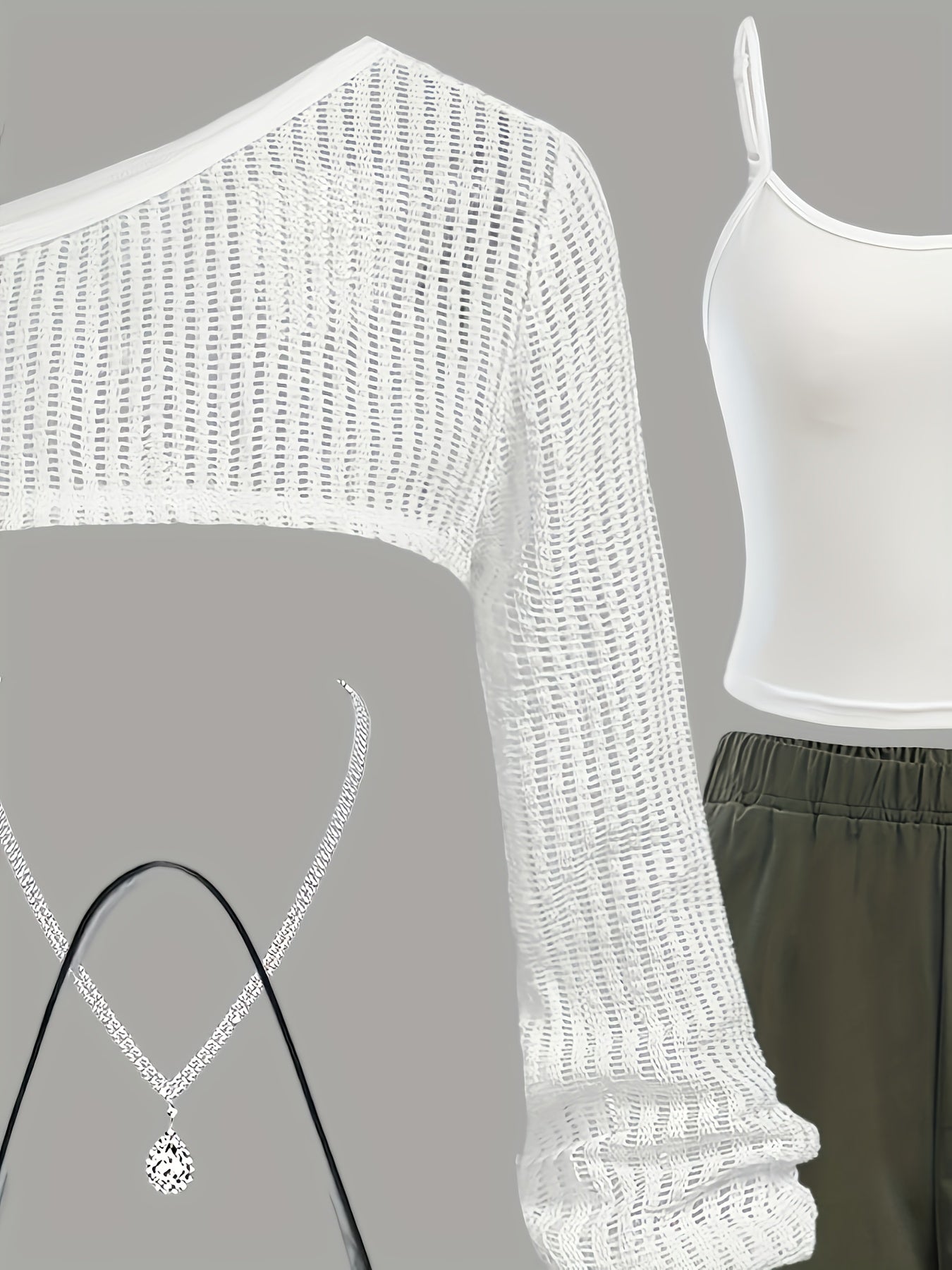 3pcs 's Streetwear Outfit Set - Oversized White Lace Sleeve Top, Solid Olive Green High-Waisted Cargo Pants & Round Neck Tank Top | Summer Casual to Semi-Formal Outfits | Machine Washable 3pcs Ensemble for Teen Girls & Young,