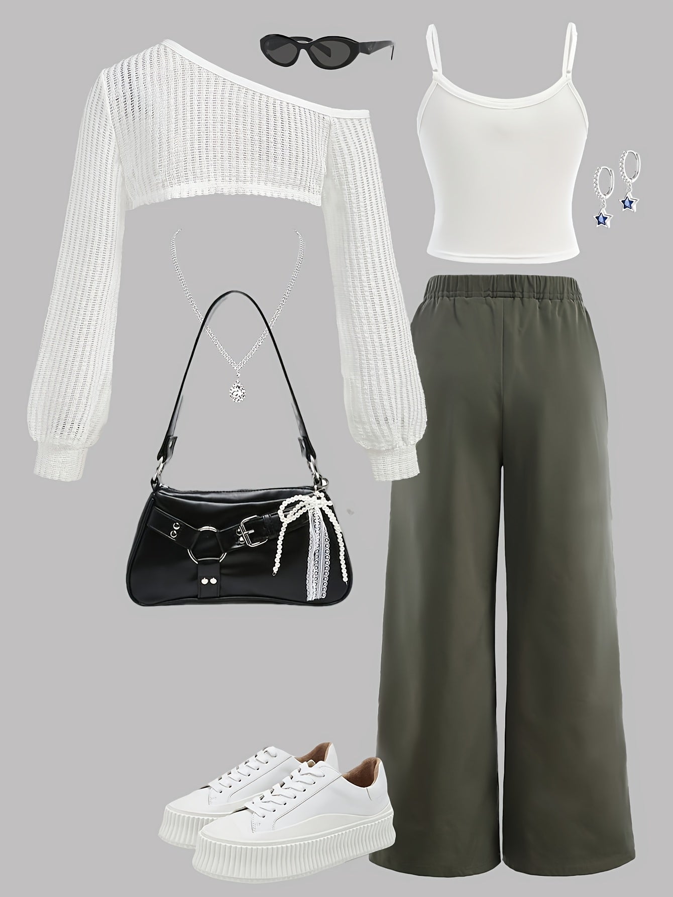 3pcs 's Streetwear Outfit Set - Oversized White Lace Sleeve Top, Solid Olive Green High-Waisted Cargo Pants & Round Neck Tank Top | Summer Casual to Semi-Formal Outfits | Machine Washable 3pcs Ensemble for Teen Girls & Young,