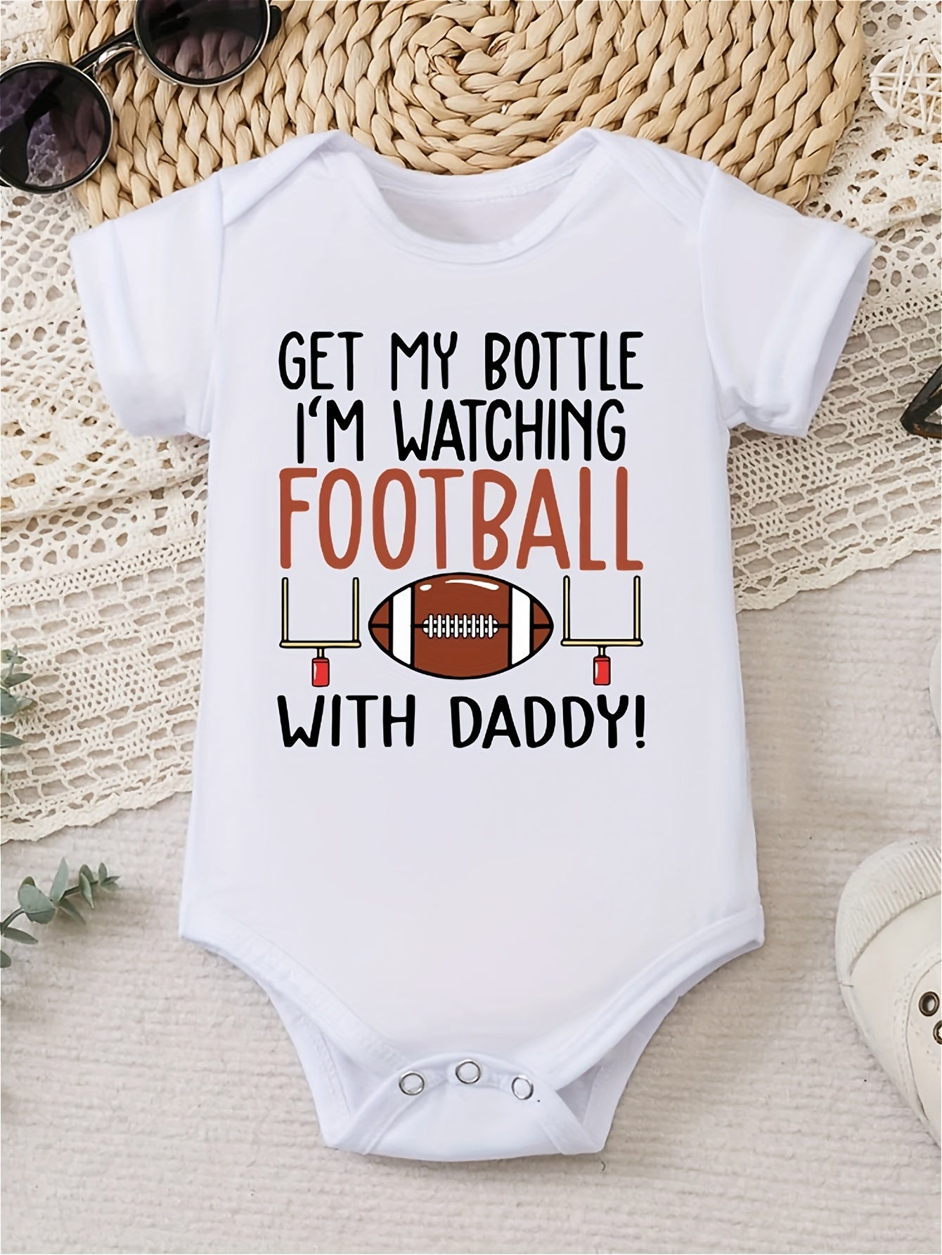 SHOWTLY Baby Romper "Get My Bottle I'm Watching Football with Daddy" Letter Print & Football Graphic - Soft Round Neck Short Sleeve, Machine Washable Spring/Summer Casual Outfit for Infants, Playful Sports-Themed Clothing, Co