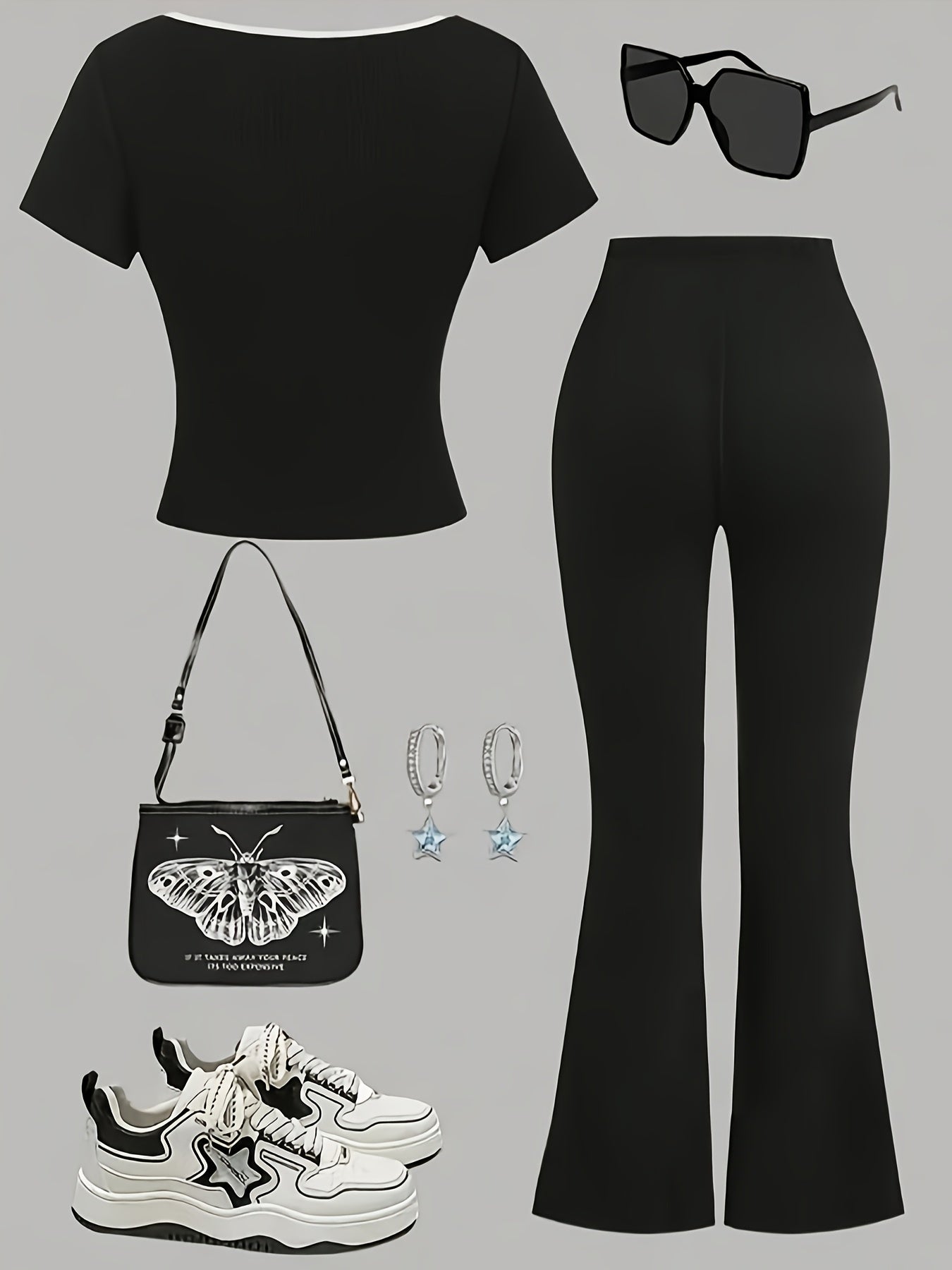 Spring and Autumn Girls' Comfortable Simple Fashion Black Short Sleeve Top with Black Bow Flare Pants Set, Suitable for Outdoor Leisure and Party Activities, Perfect for Outdoor