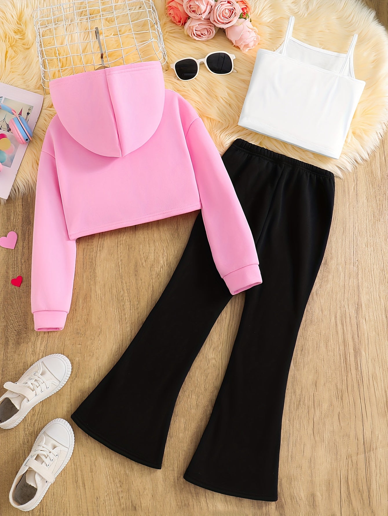 3-Piece Trendy Fashion Sweatshirt Set for Girls, Casual Heart Print Fleece-Lined Sweatshirt Three-Piece Set, Autumn Winter Gift, Suitable for Daily Wear, Handmade, Crop Top, Casual, Vacation, Travel, Back to School, Prom, Gra