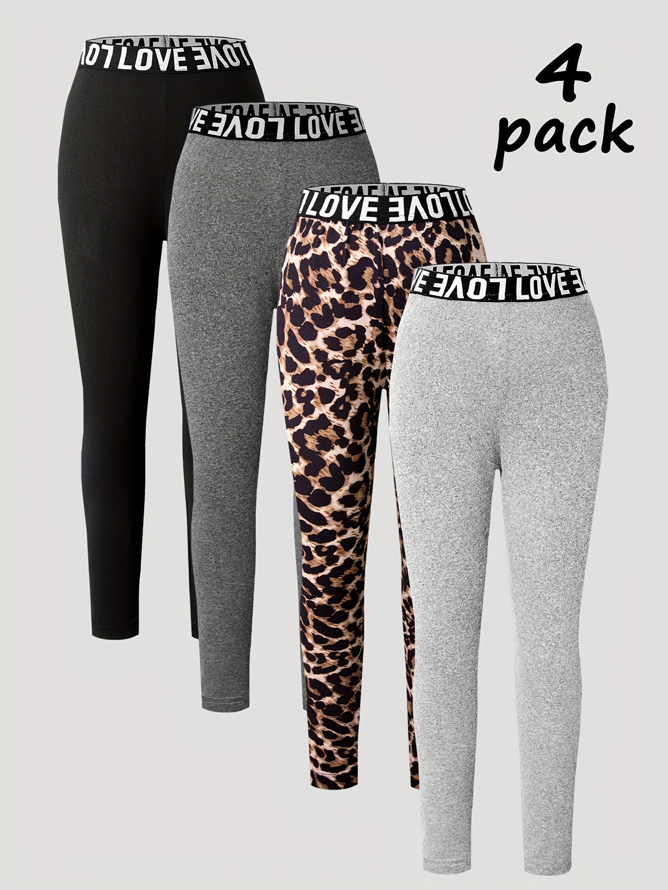 4-Pack Girls' Jogger Pants with Stretchy Elastic Waistband & Leopard Print - Soft Stretchy Comfortable Casual Leggings for Spring Summer Fall, Easter Carnival Party Gift, Jogging Pants, Seasonal Wear, Playful Print Design, Co