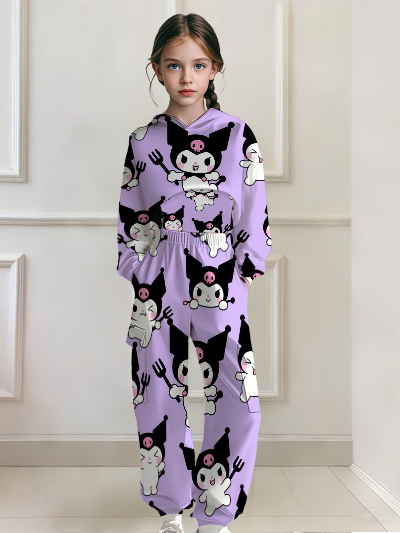 Three-Piece Set Sanrio Digital Fashion Fantasy Cute Holiday Spring and Autumn Winter Clothes Gift Trendy Cartoon Cat Sanrio Essential Fashion Hoodie with Suspender Vest and Trousers Three-Piece Set Random Print Outdoor Sports