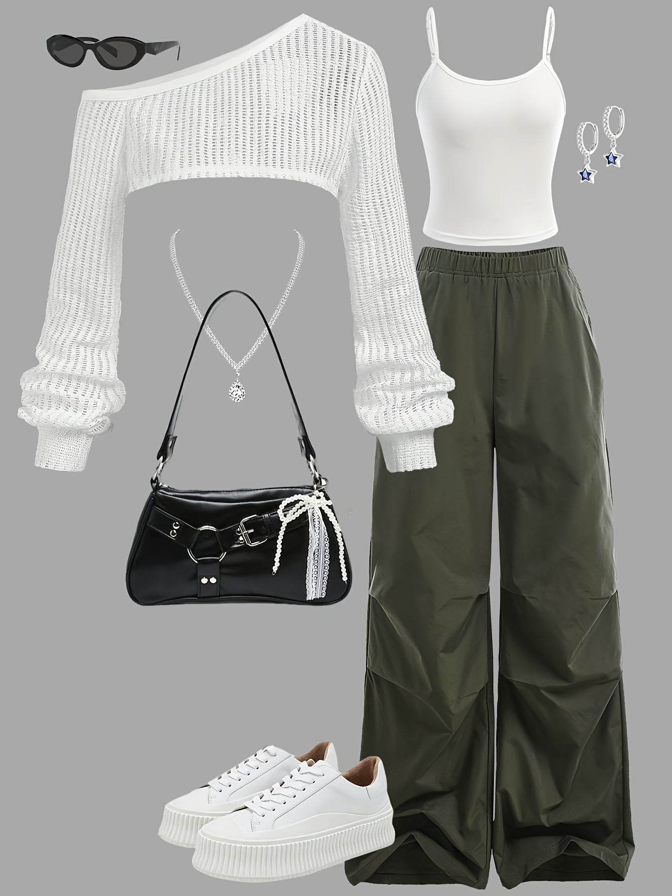 3pcs 's Streetwear Outfit Set - Oversized White Lace Sleeve Top, Solid Olive Green High-Waisted Cargo Pants & Round Neck Tank Top | Summer Casual to Semi-Formal Outfits | Machine Washable 3pcs Ensemble for Teen Girls & Young,