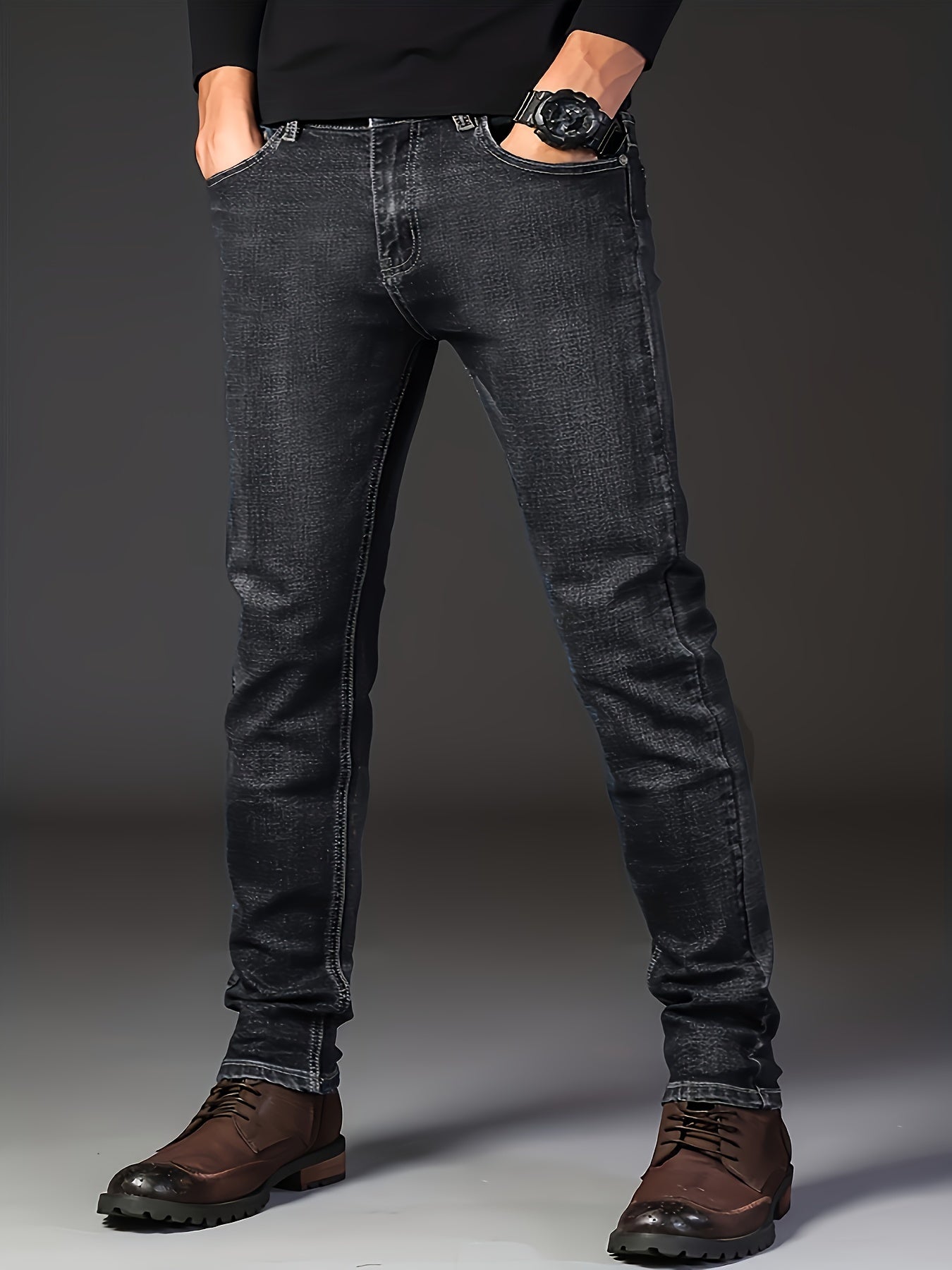 Two Piece Set Of Lightweight Business Elastic Jeans for Teenagers, Men's Slim Fit
