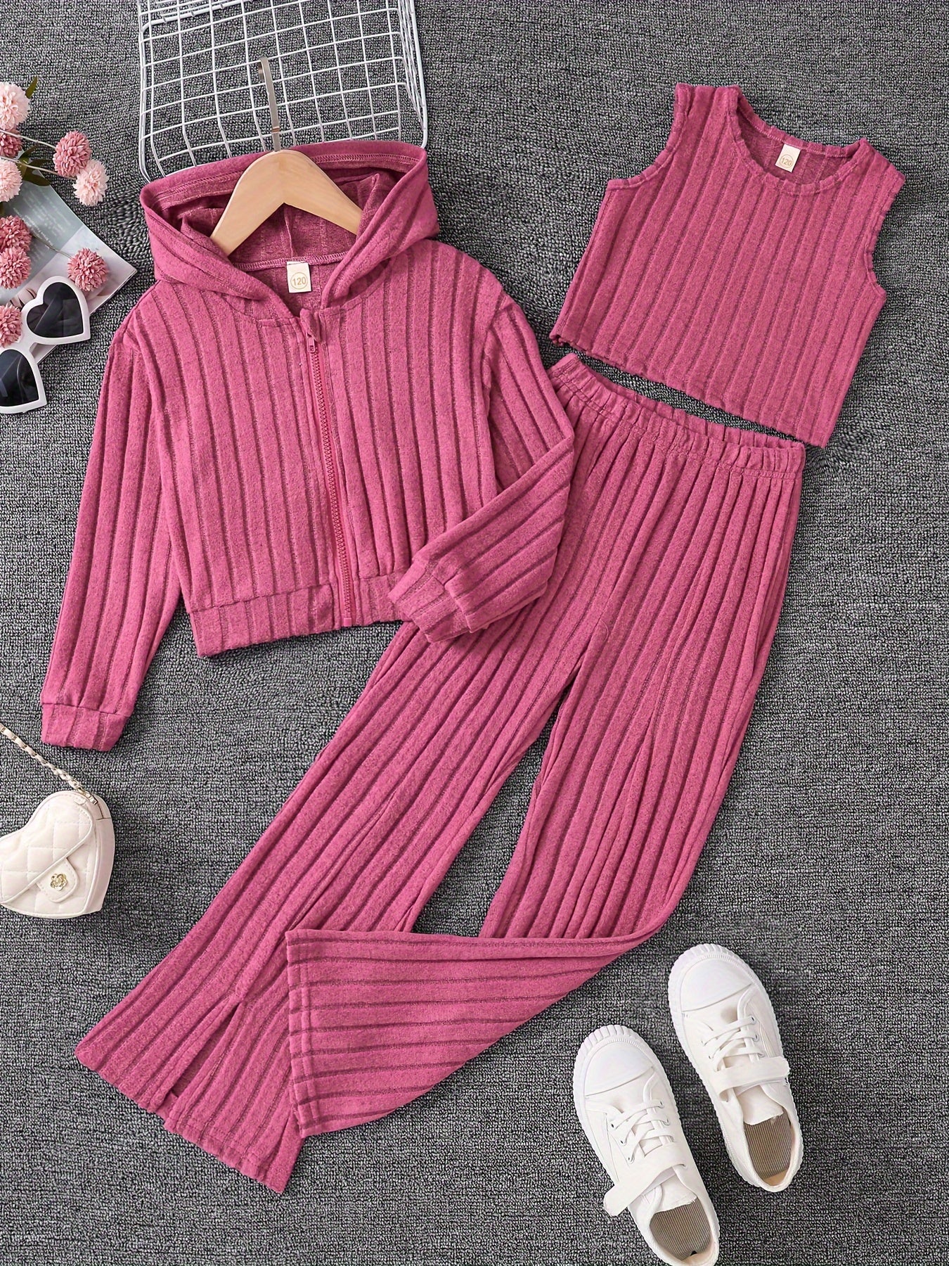 Girls' Clothes Spring, Autumn and Winter Girls' Coarse Fleece Zip-Up Hooded Cardigan + Vest + Slit Pants, 3pcs Set, Suitable for Back-to-School Season, Graduation Season, Dance Parties, Party Outfits, for Outdoor