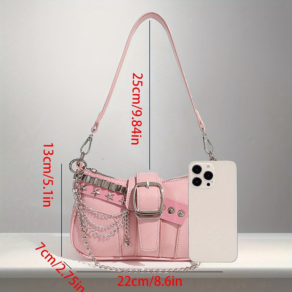 Y2K Style Small Shoulder Bag with Magnetic Closure, PU Material, Polyester Lining, Chain Strap, Punk-Inspired Design, Pastel Pink Color